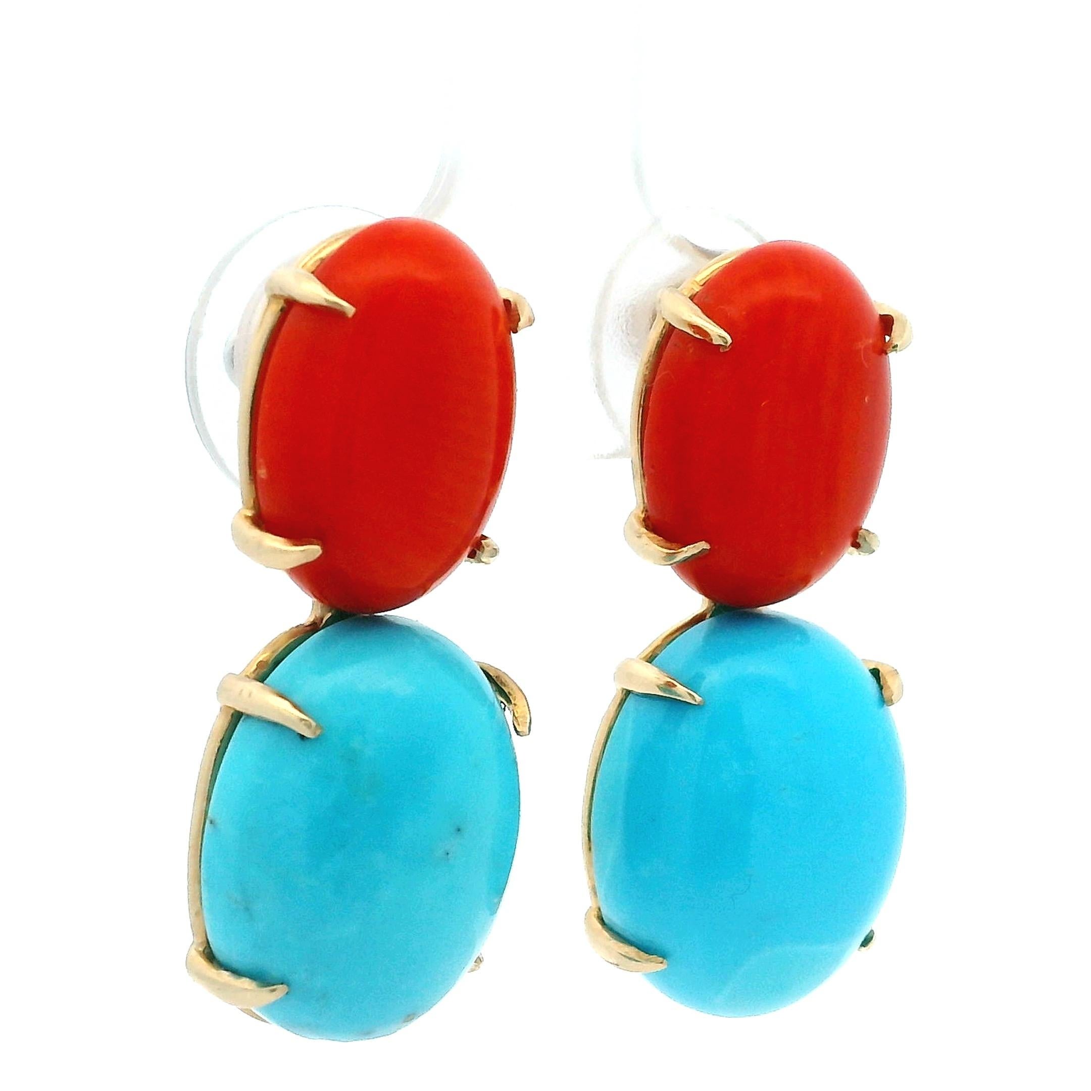 Contemporain Pendants d'oreilles en corail et turquoise en or 14K de Talia Jade, 28 carats en vente