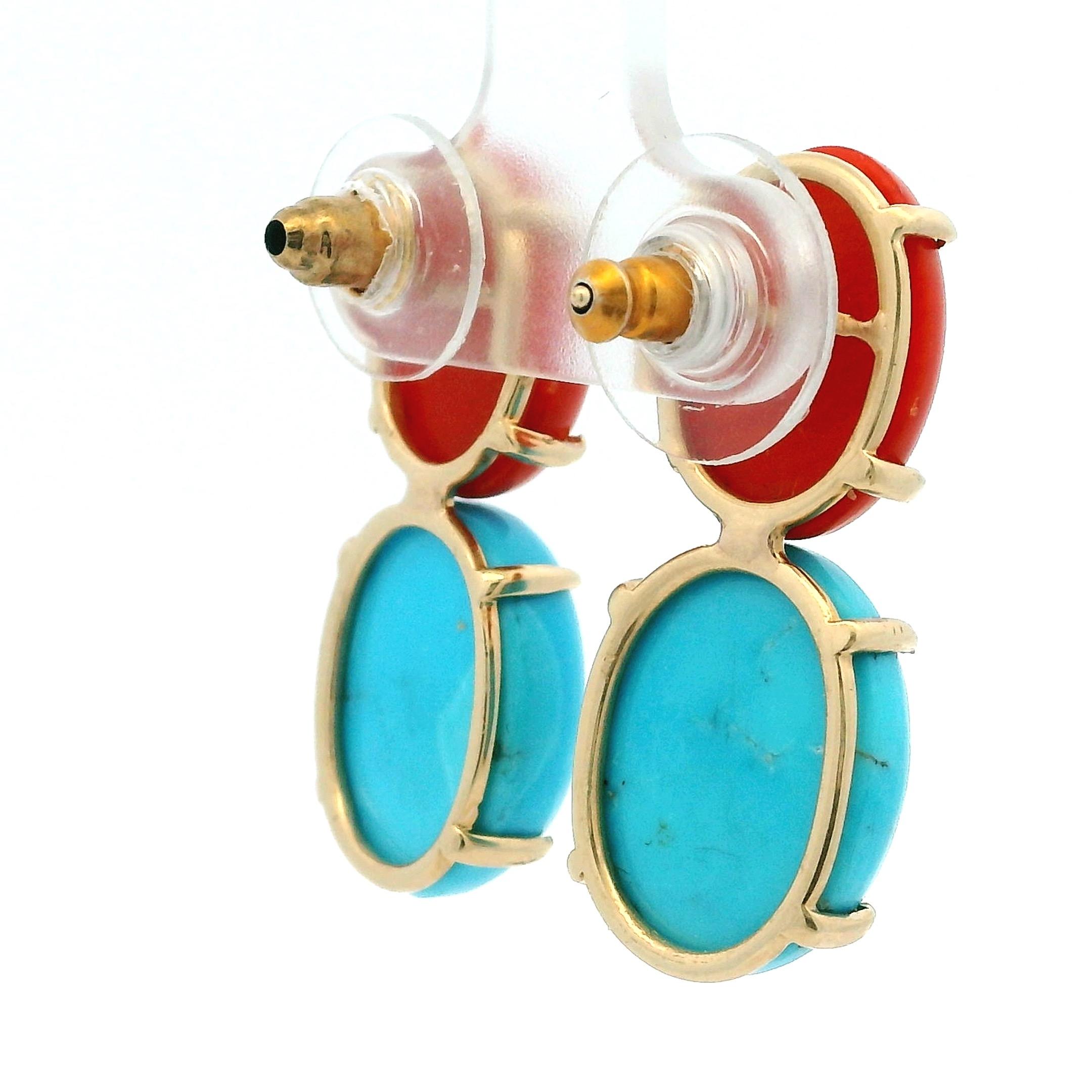 Taille cabochon Pendants d'oreilles en corail et turquoise en or 14K de Talia Jade, 28 carats en vente