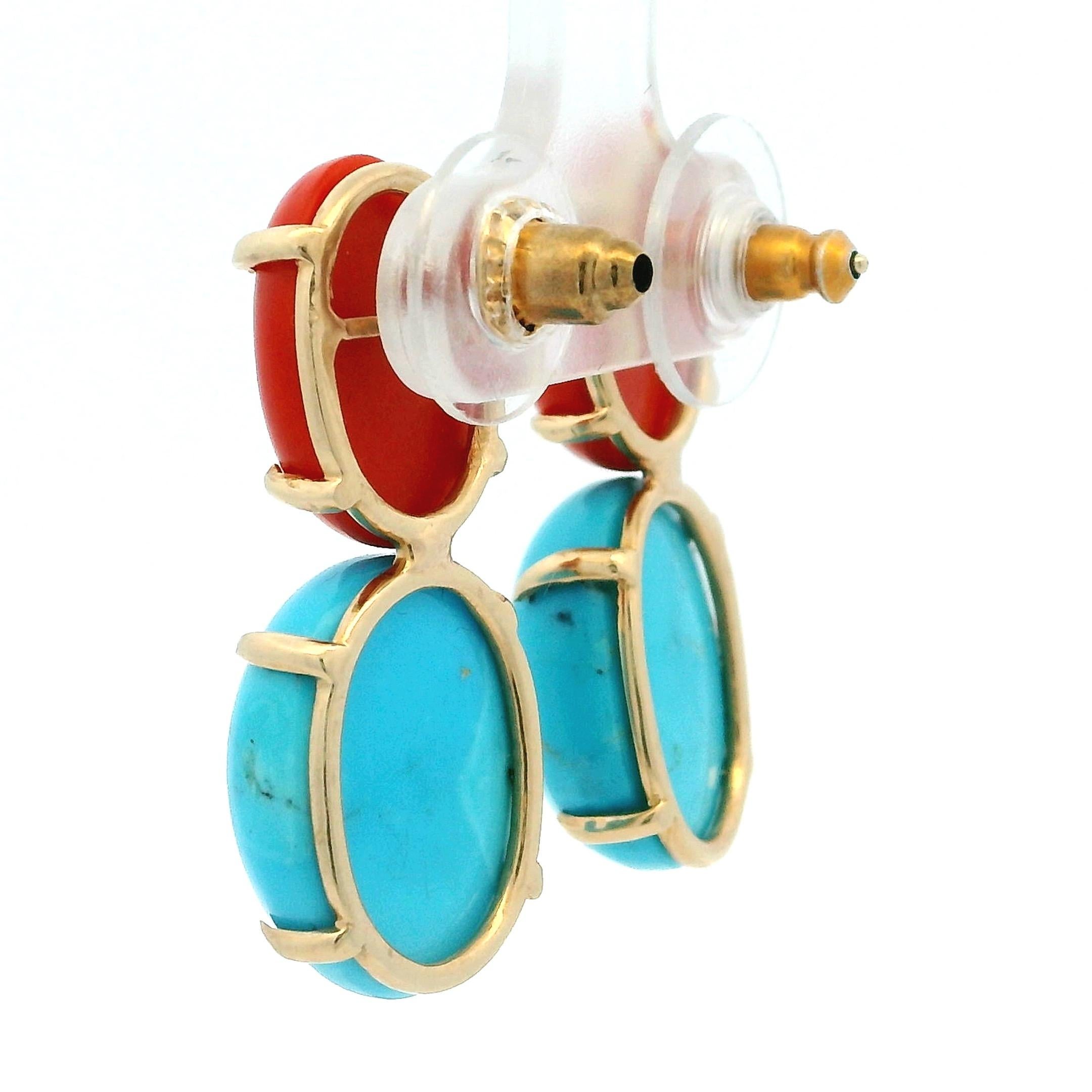 Pendants d'oreilles en corail et turquoise en or 14K de Talia Jade, 28 carats Pour femmes en vente