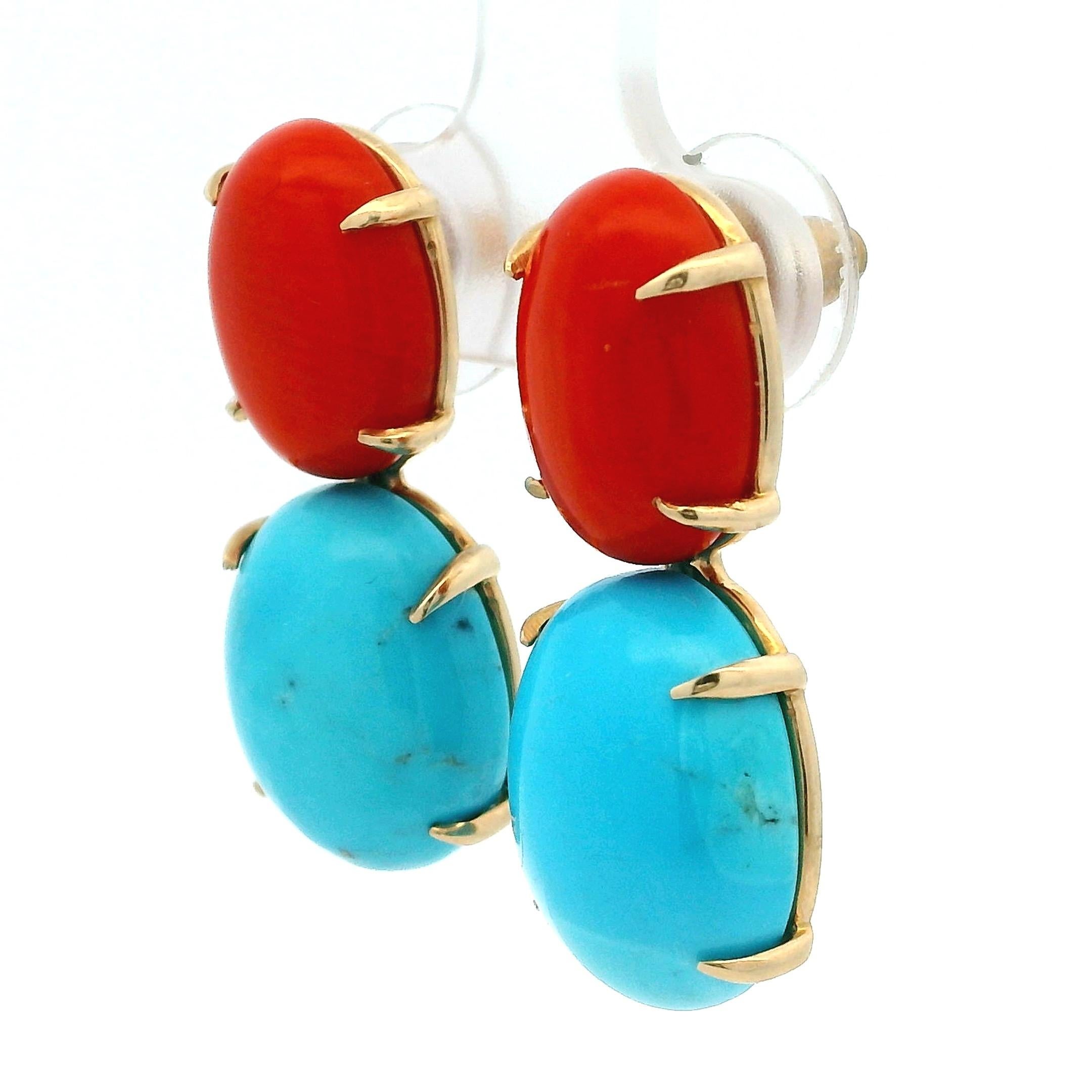 Pendants d'oreilles en corail et turquoise en or 14K de Talia Jade, 28 carats en vente 1
