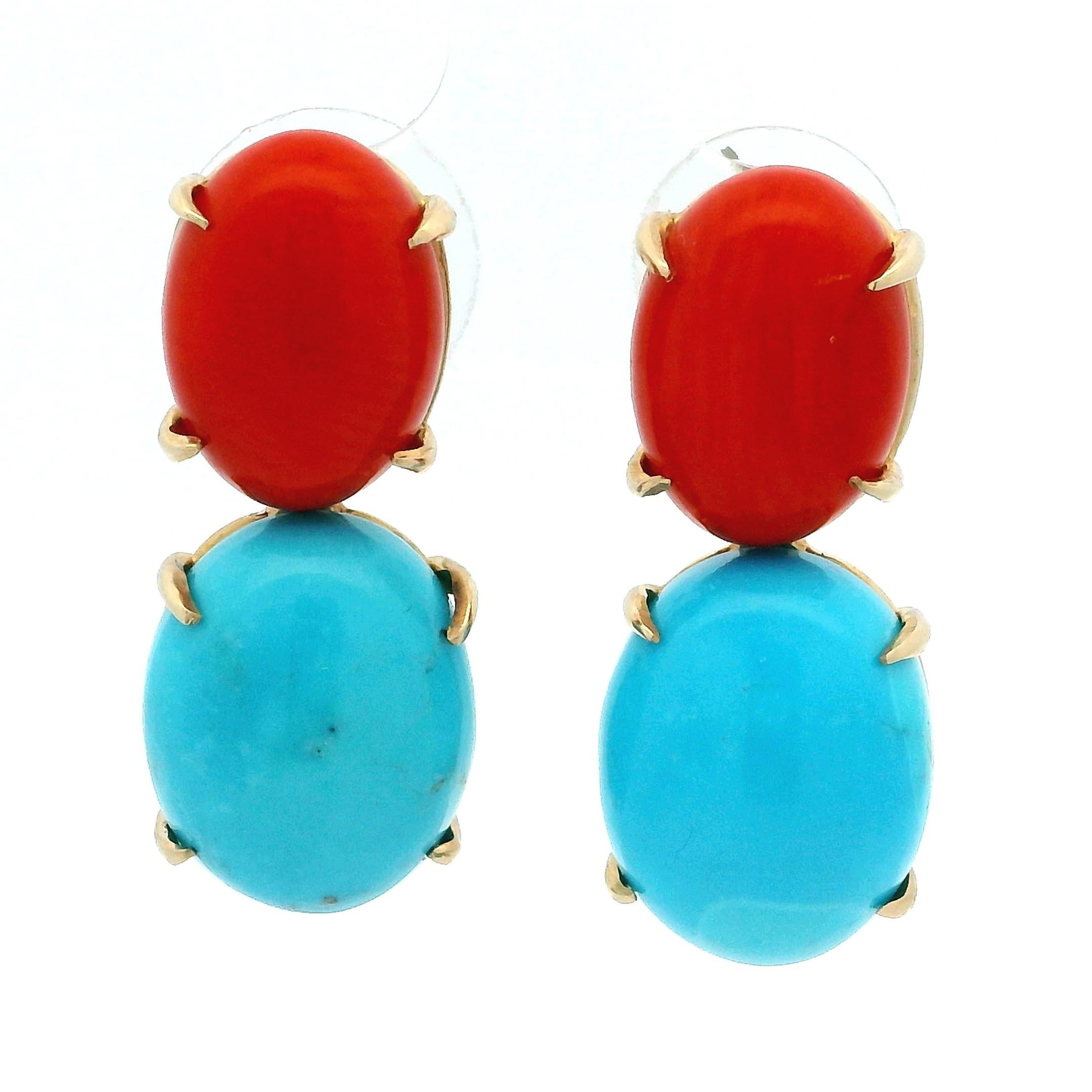Pendants d'oreilles en corail et turquoise en or 14K de Talia Jade, 28 carats en vente 2