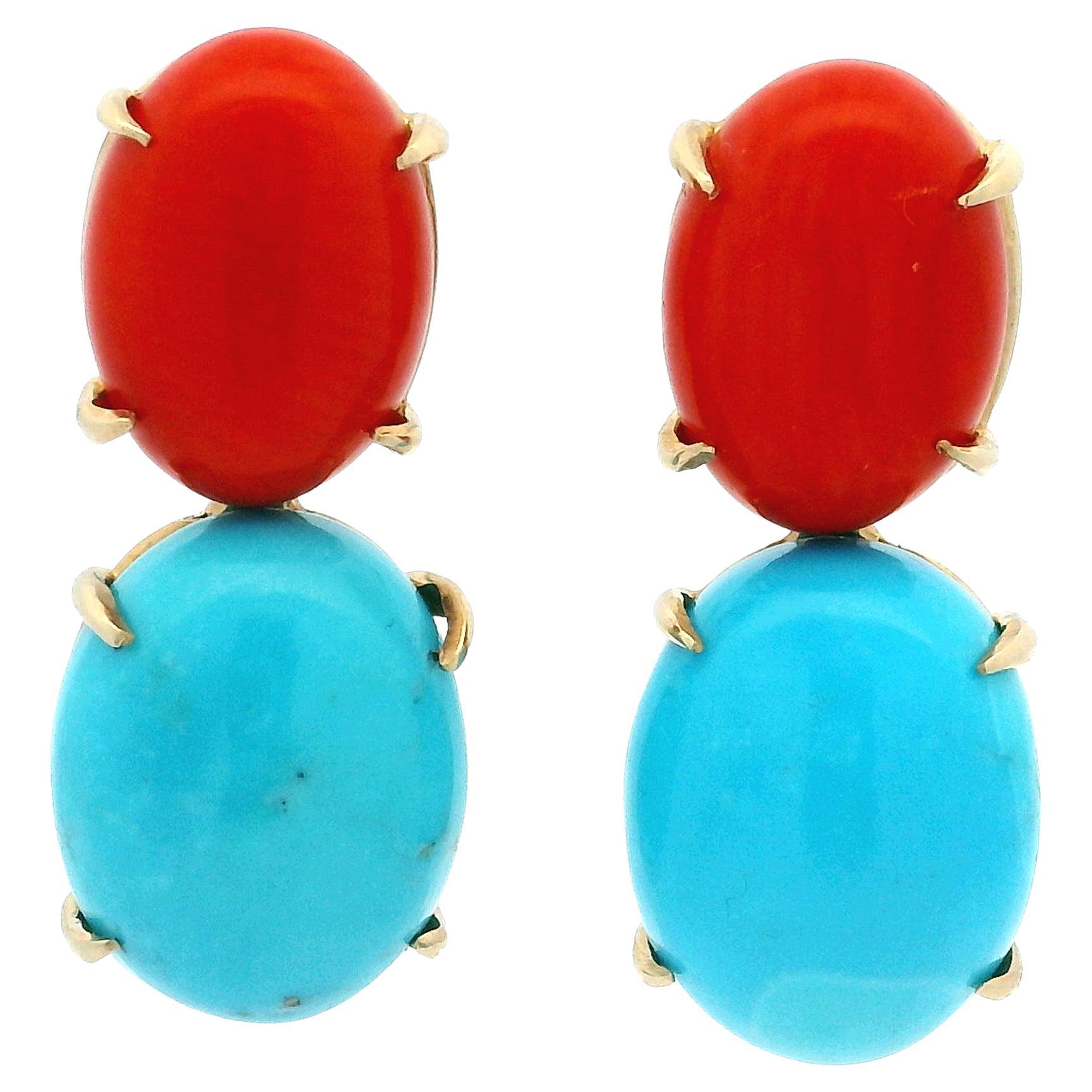 Pendants d'oreilles en corail et turquoise en or 14K de Talia Jade, 28 carats en vente