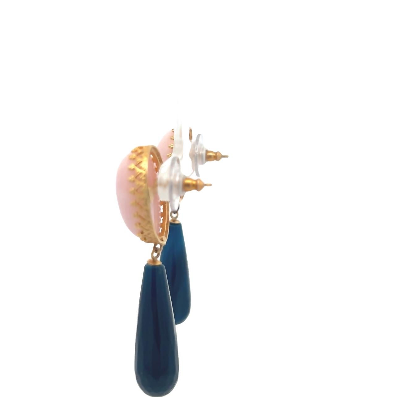 Contemporary Talia Jade 14K Yellow Gold Pink Coral and Fluted Blue Agate Drop Earrings For Sale