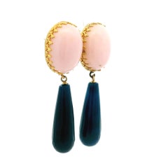 Talia Jade 14K Yellow Gold Pink Coral and Fluted Blue Agate Drop Earrings