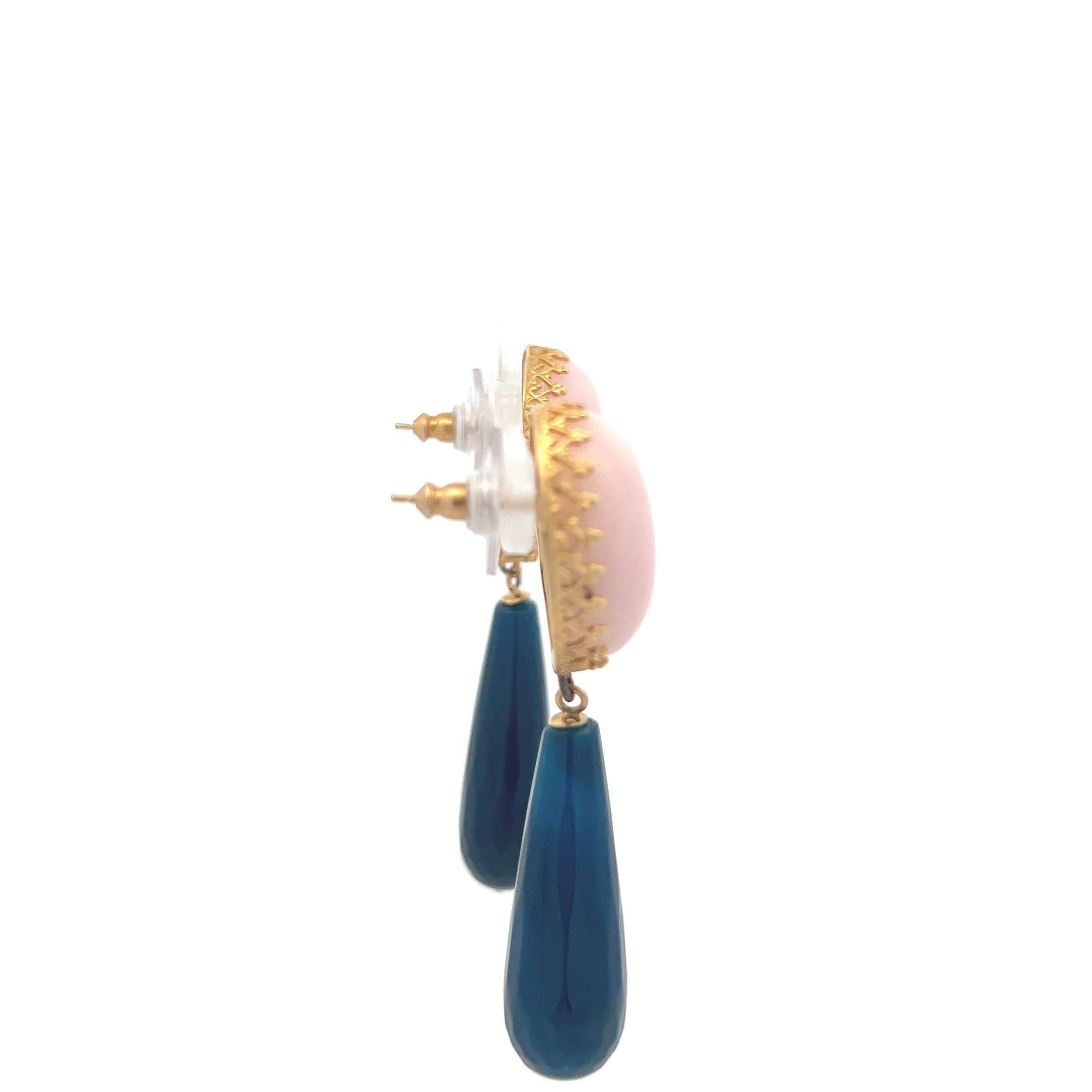 Talia Jade 14K Yellow Gold Pink Coral and Fluted Blue Agate Drop Earrings For Sale 3