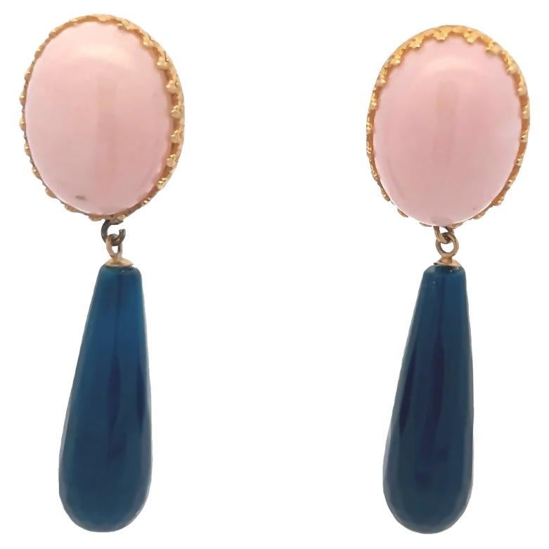 Talia Jade 14K Gelbgold Rosa Koralle und geriffelter blauer Achat Tropfenohrringe