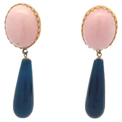 Talia Jade 14K Yellow Gold Pink Coral and Fluted Blue Agate Drop Earrings
