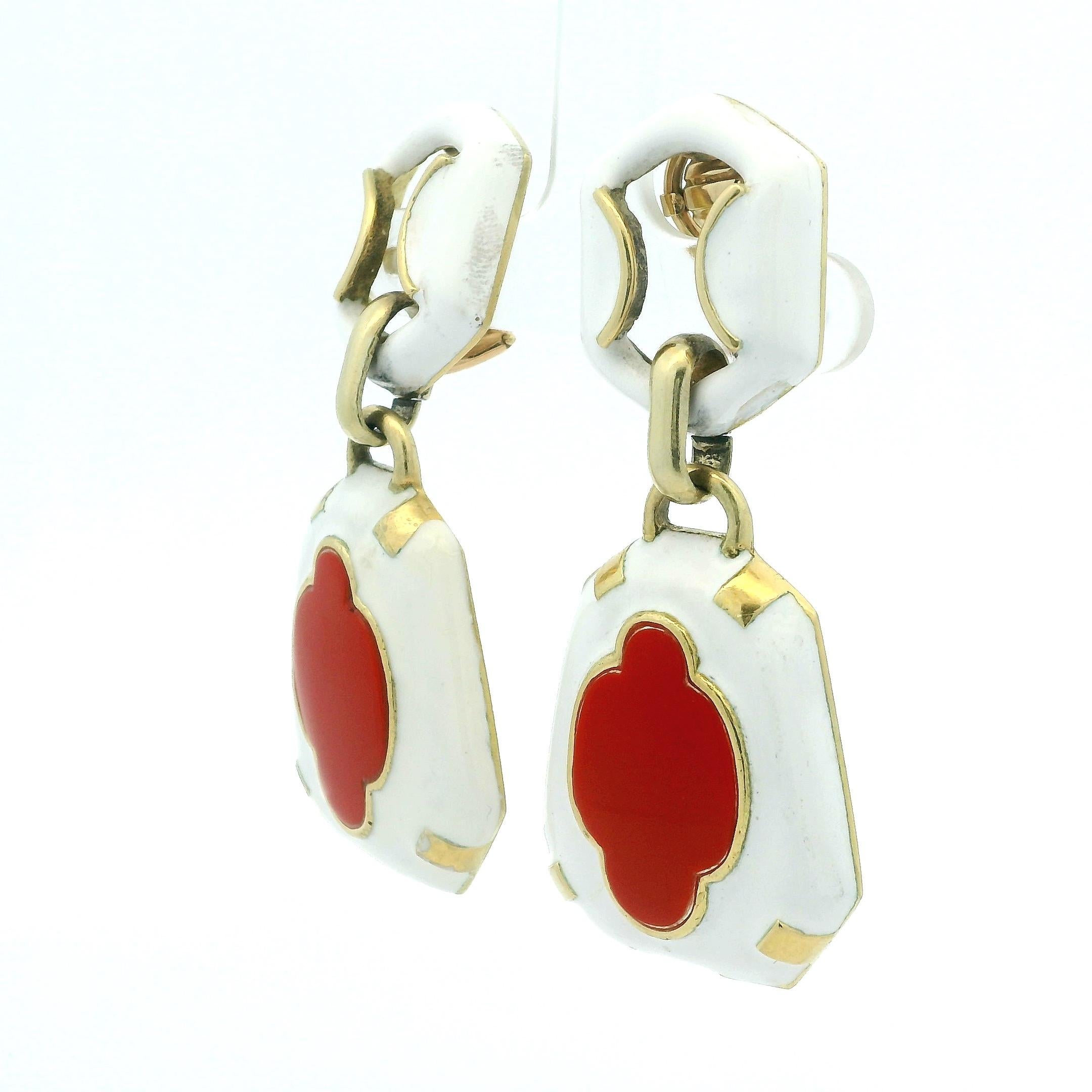 Talia Jade One-of-a-Kind Coral Enamel Door Knocker Earrings, 18K Gold, 1990s For Sale 5