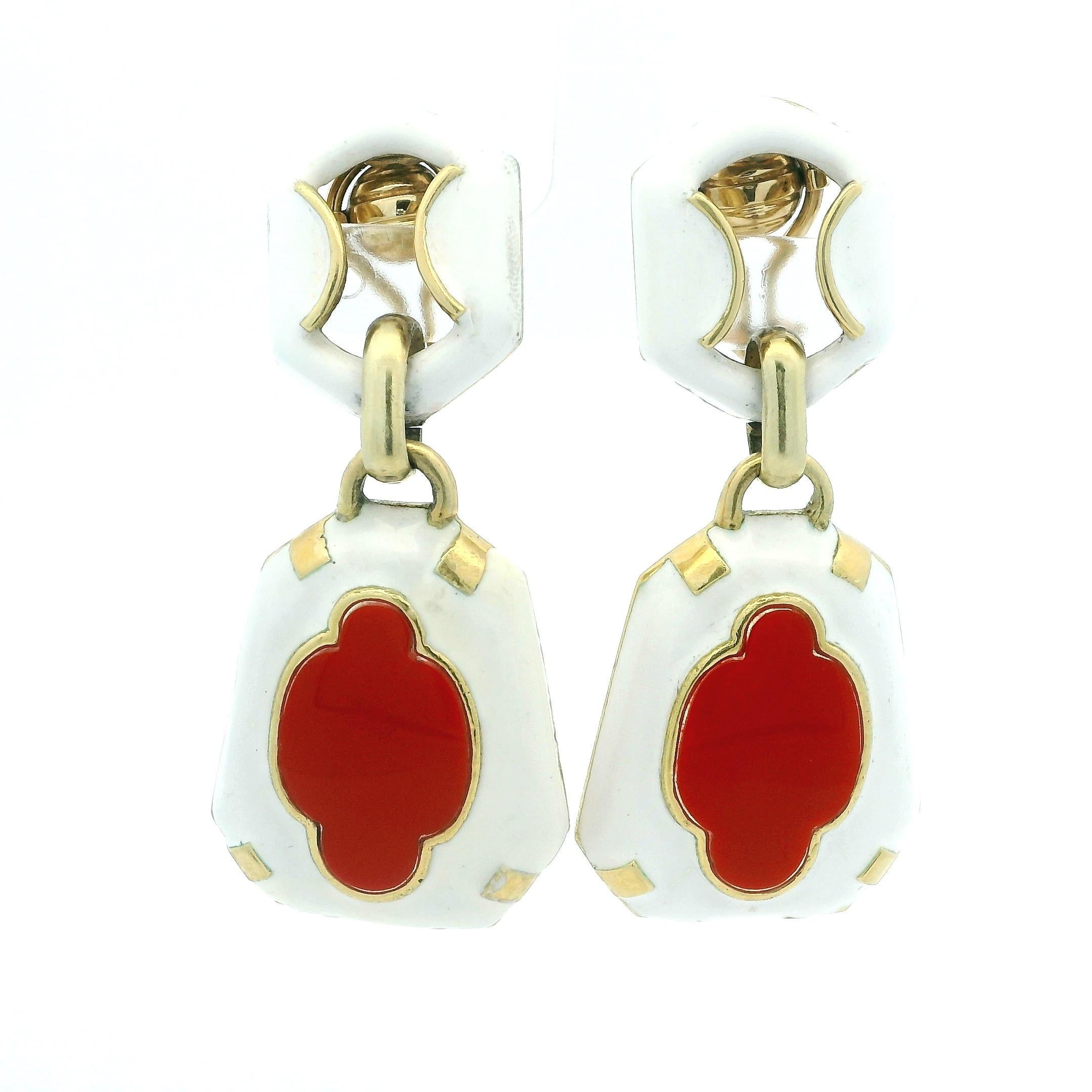 Talia Jade One-of-a-Kind Coral Enamel Door Knocker Earrings, 18K Gold, 1990s For Sale 2