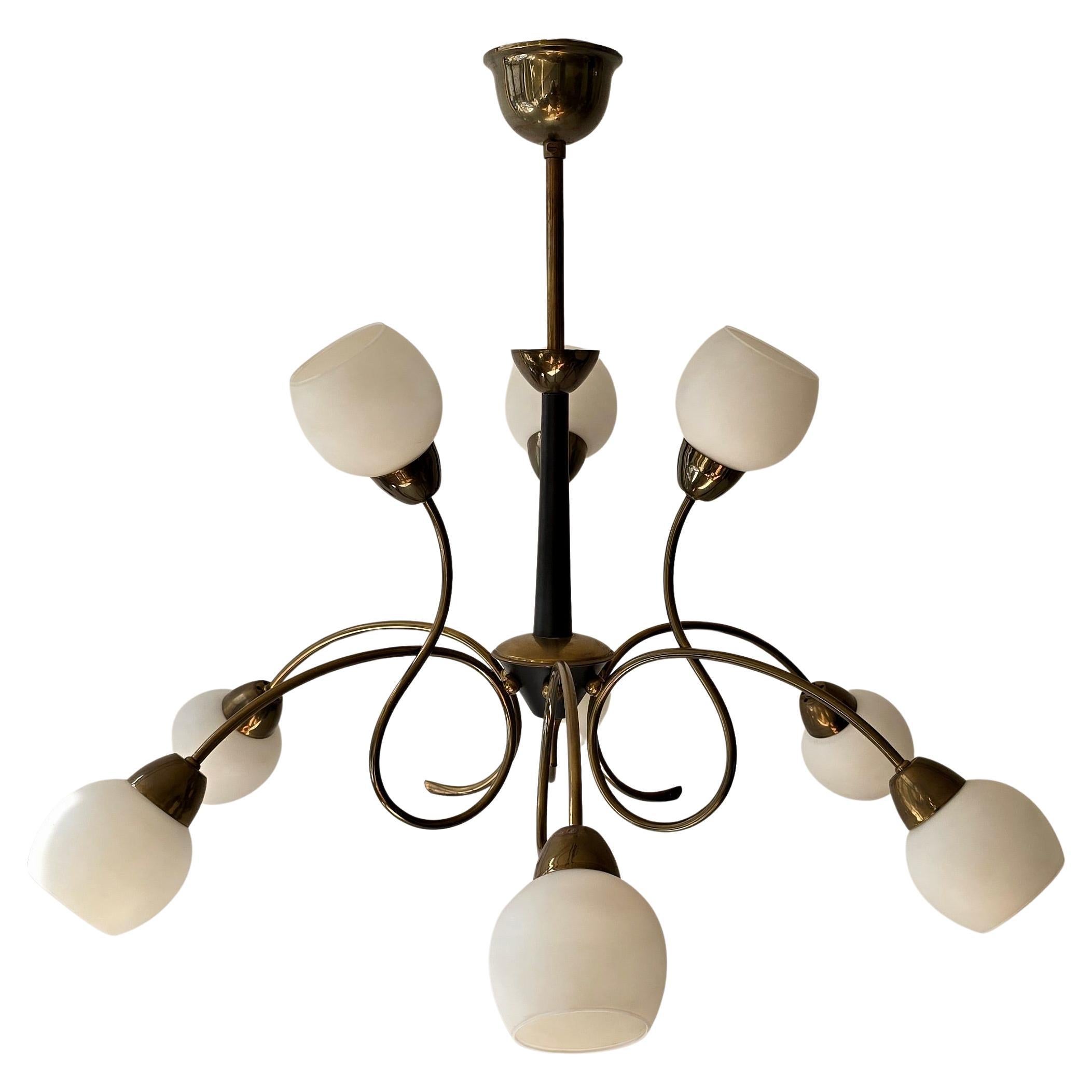 Italian talian 1950s Stilnovo Style Brass and Opaline Glass Nine-Light Chandelier For Sale