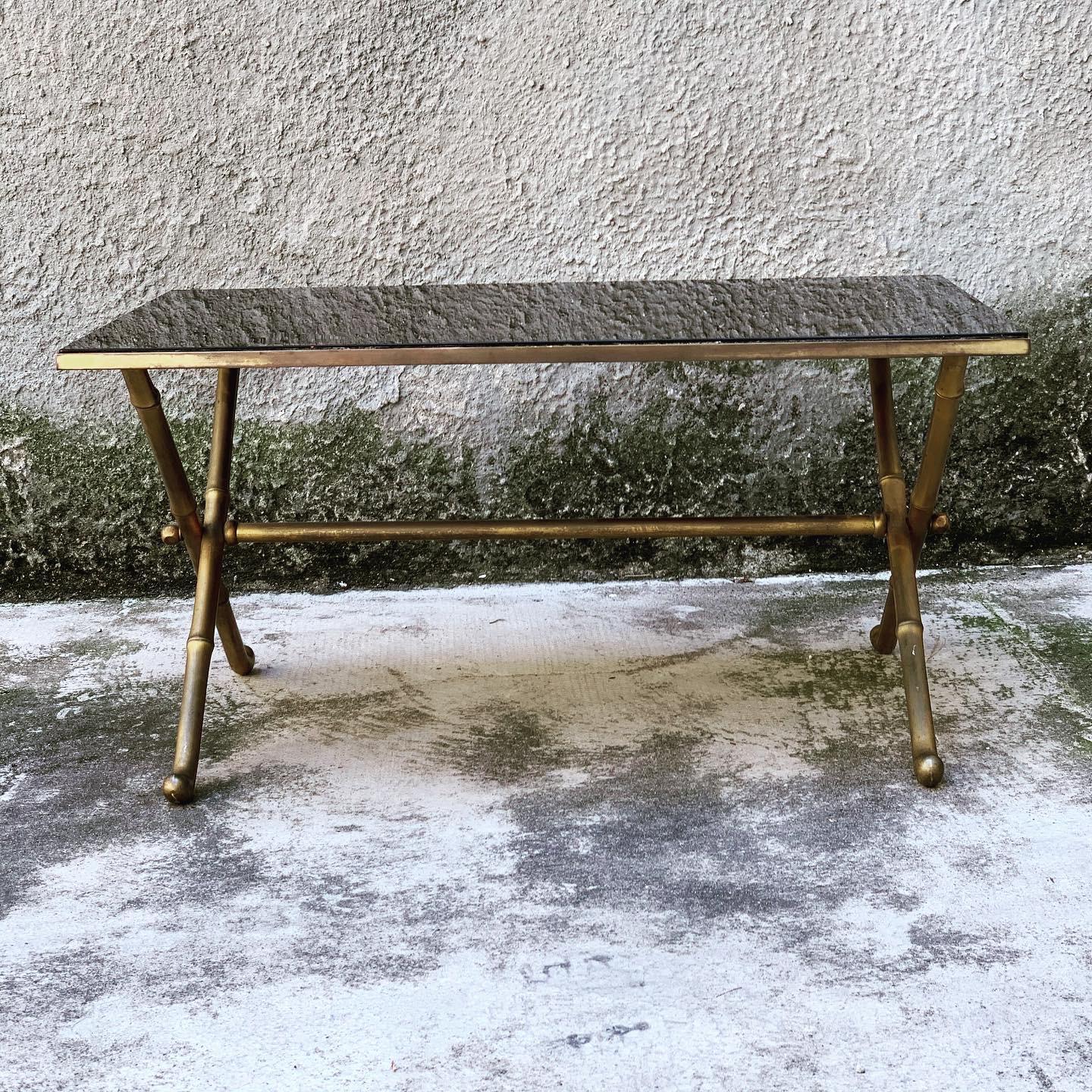 Mid-Century Modern talian Gilt Brass Faux Bamboo Coffee Table with Black Opaline Glass Top, 1960s For Sale