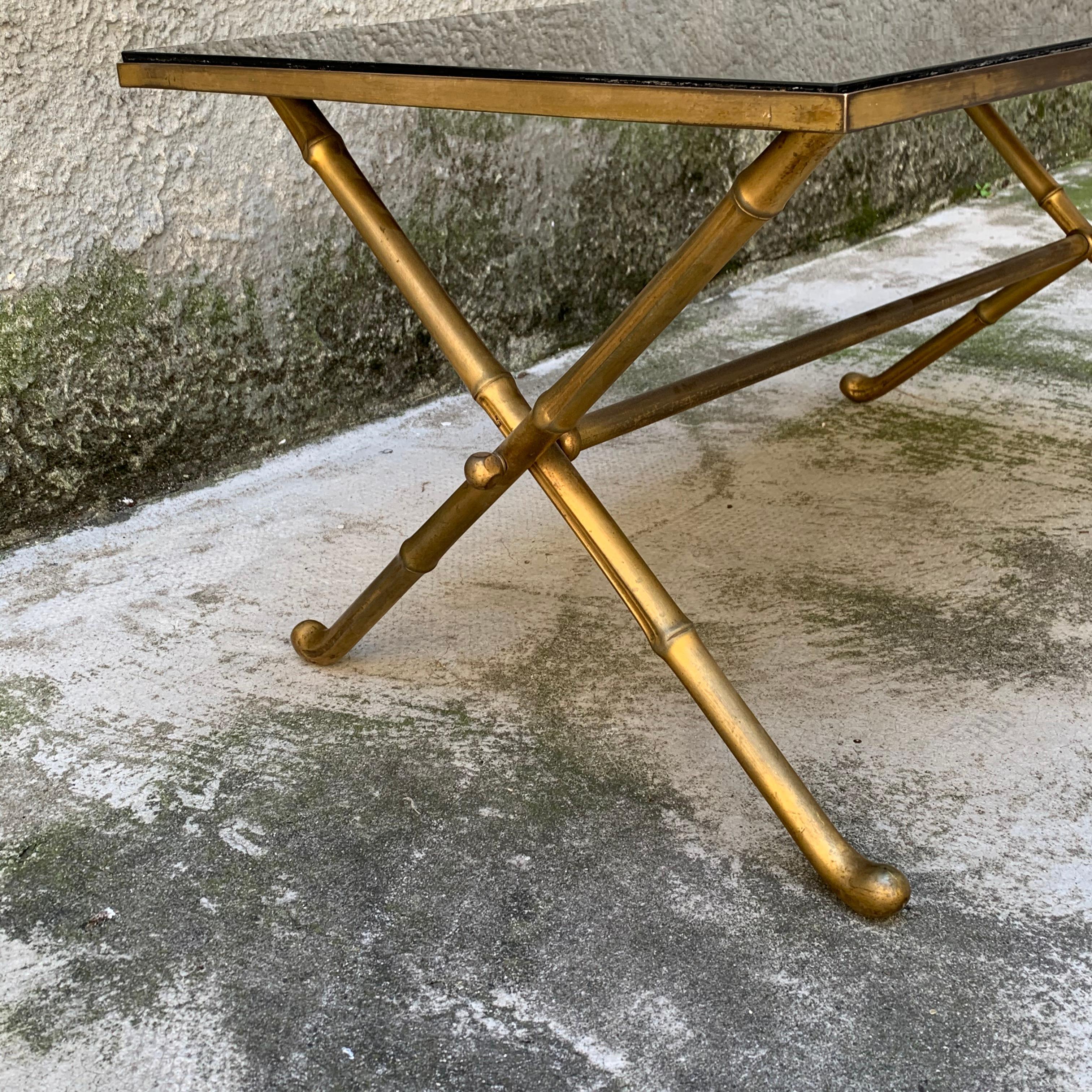 Italian talian Gilt Brass Faux Bamboo Coffee Table with Black Opaline Glass Top, 1960s For Sale