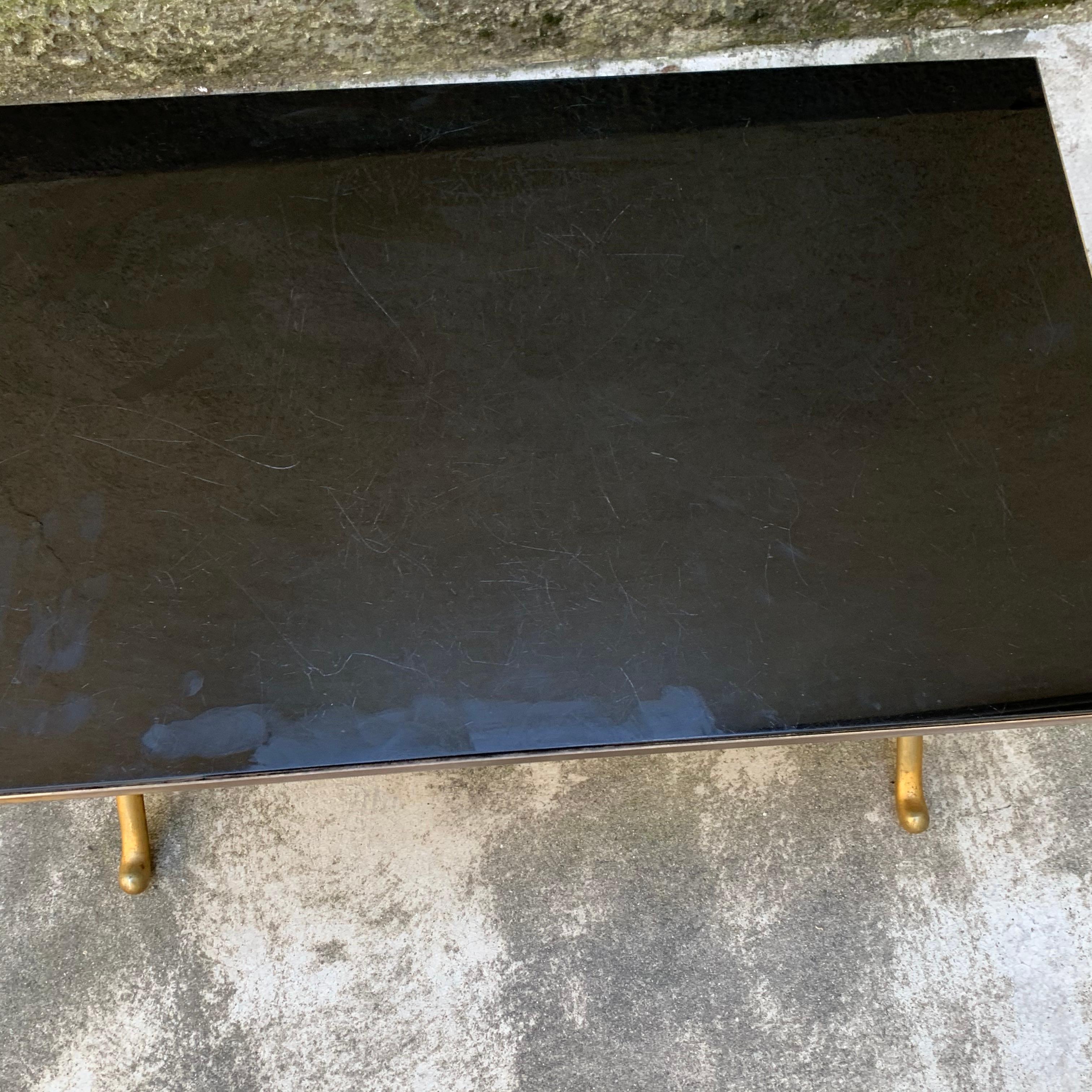 talian Gilt Brass Faux Bamboo Coffee Table with Black Opaline Glass Top, 1960s For Sale 2