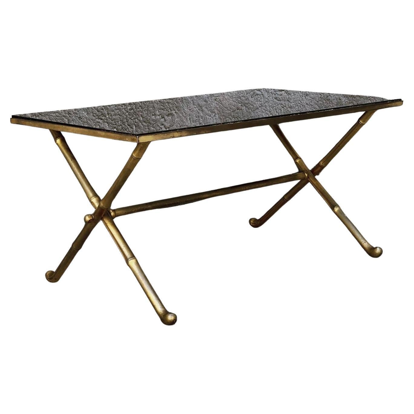talian Gilt Brass Faux Bamboo Coffee Table with Black Opaline Glass Top, 1960s For Sale