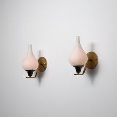 Italian Mid-Century Wall Sconces in Brass and Opaline Glass