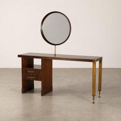 Mid-Century Italian Walnut Vanity Console with Brass Legs and Round Mirror, 1950