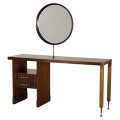 Mid-Century Italian Walnut Vanity Console with Brass Legs and Round Mirror, 1950