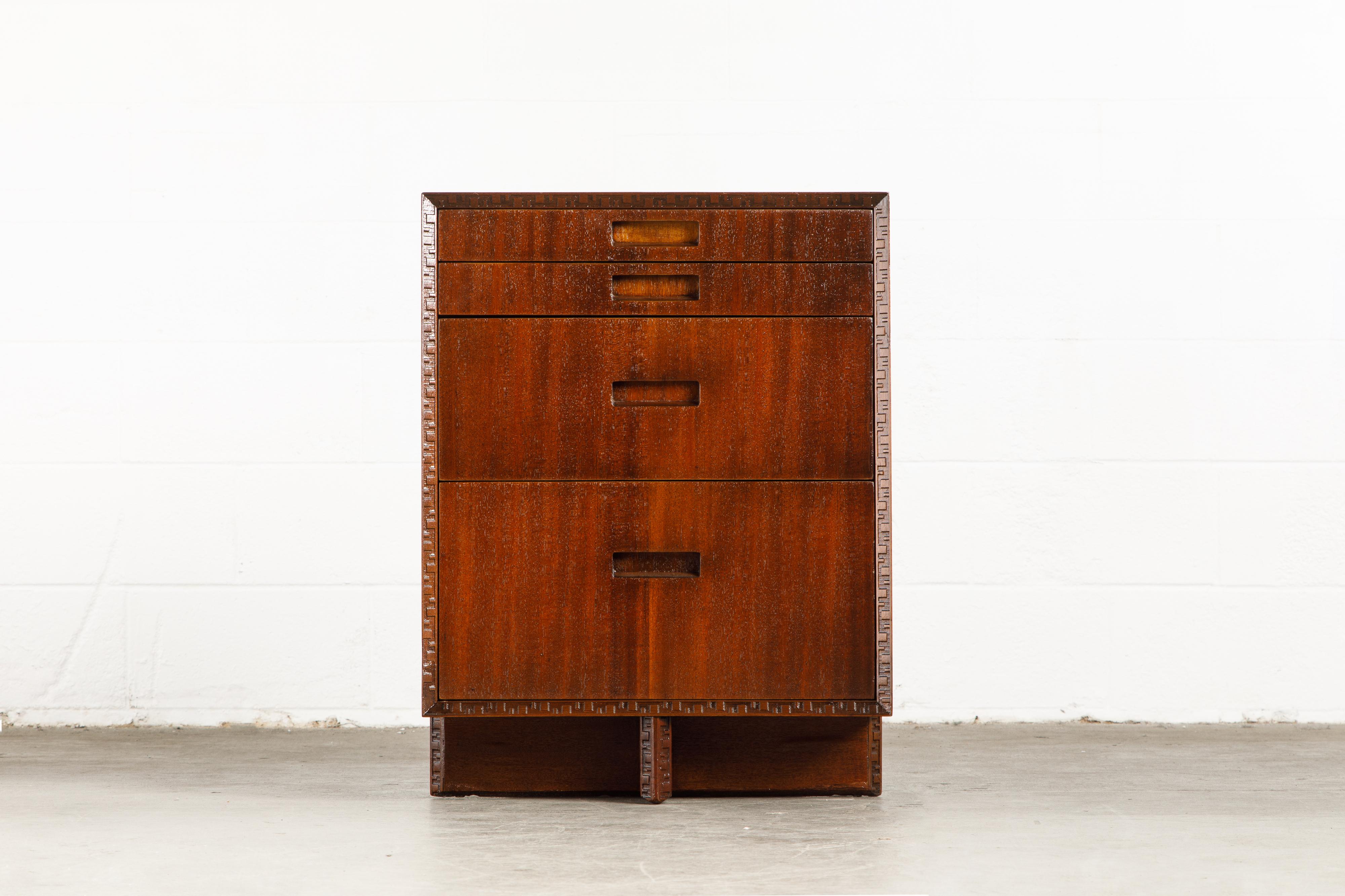 This pair of gorgeously refinished Honduran Mahogany 'Taliesin' cabinets were designed by Frank Lloyd Wright for Heritage-Henredon in 1955 and produced only for two years, therefore are now highly sought-after and rare collectors items. These
