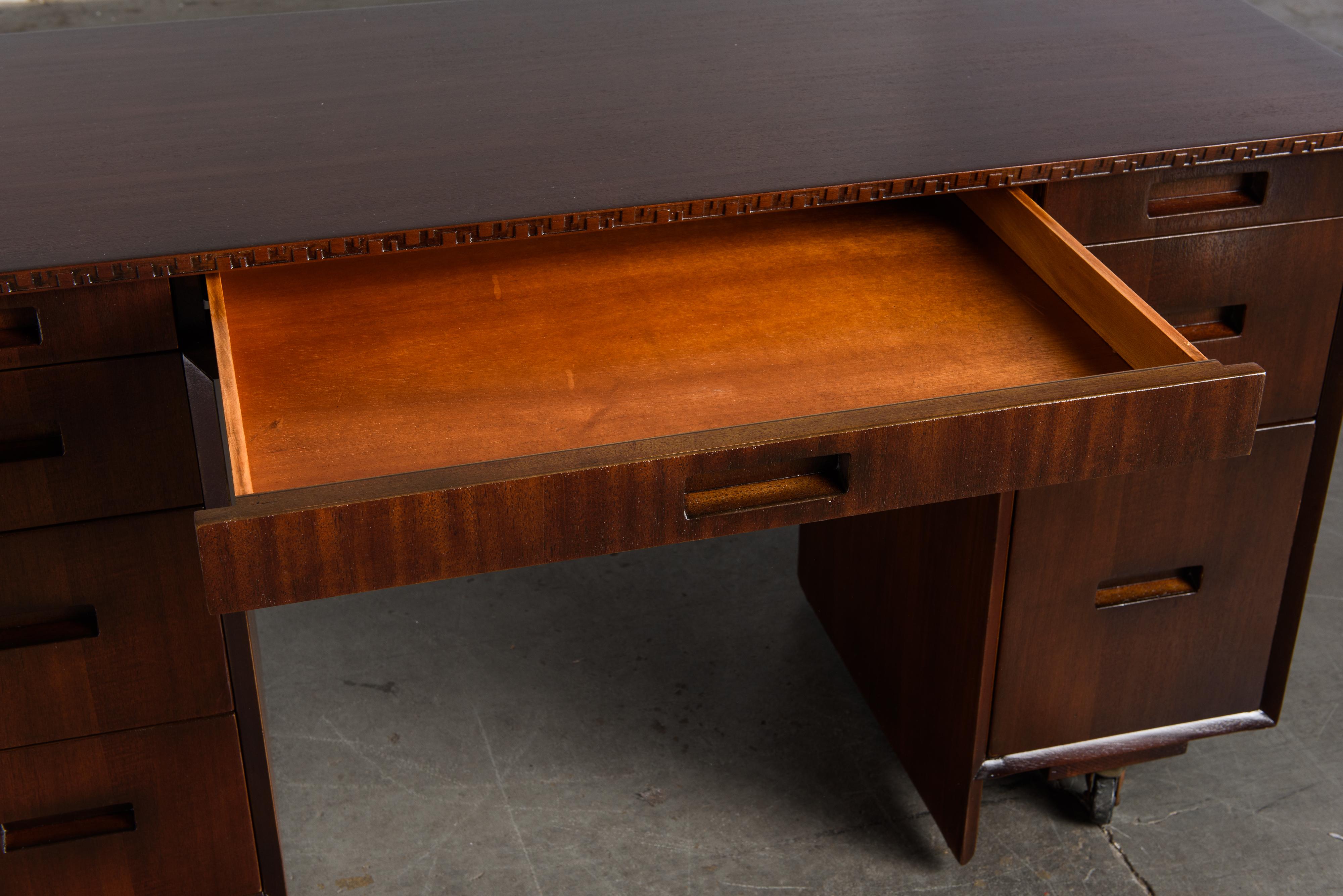 'Taliesin' Collection Mahogany Desk by Frank Lloyd Wright, 1955, Signed 6