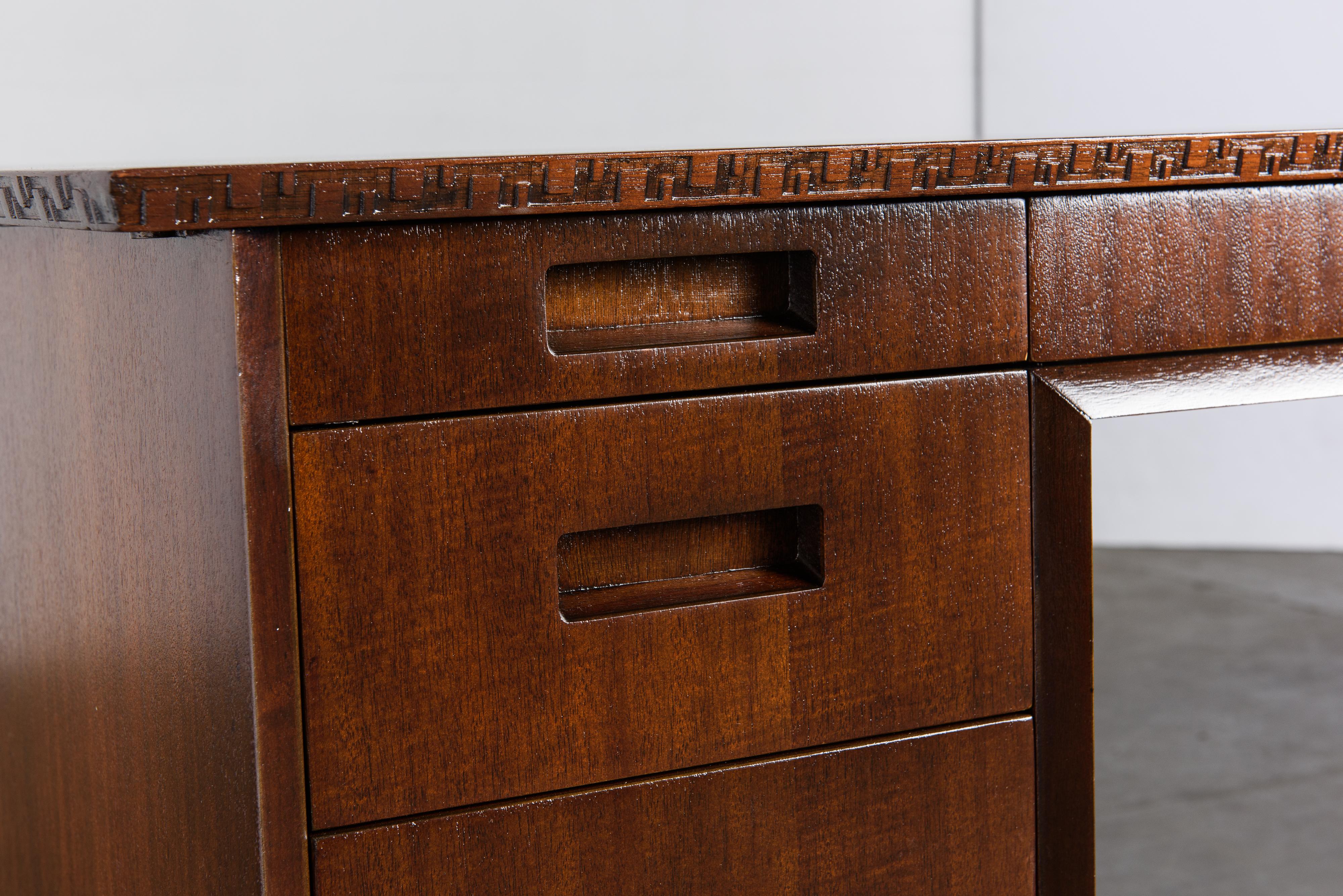 'Taliesin' Collection Mahogany Desk by Frank Lloyd Wright, 1955, Signed 10