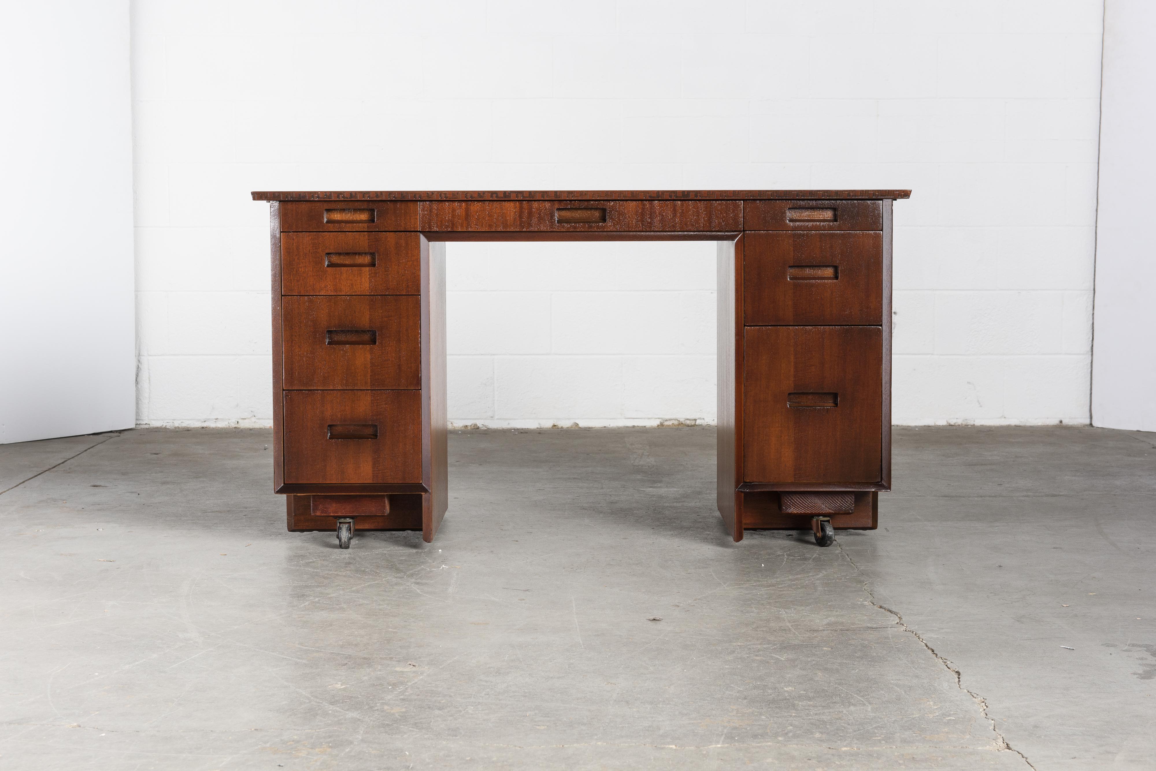 American 'Taliesin' Collection Mahogany Desk by Frank Lloyd Wright, 1955, Signed
