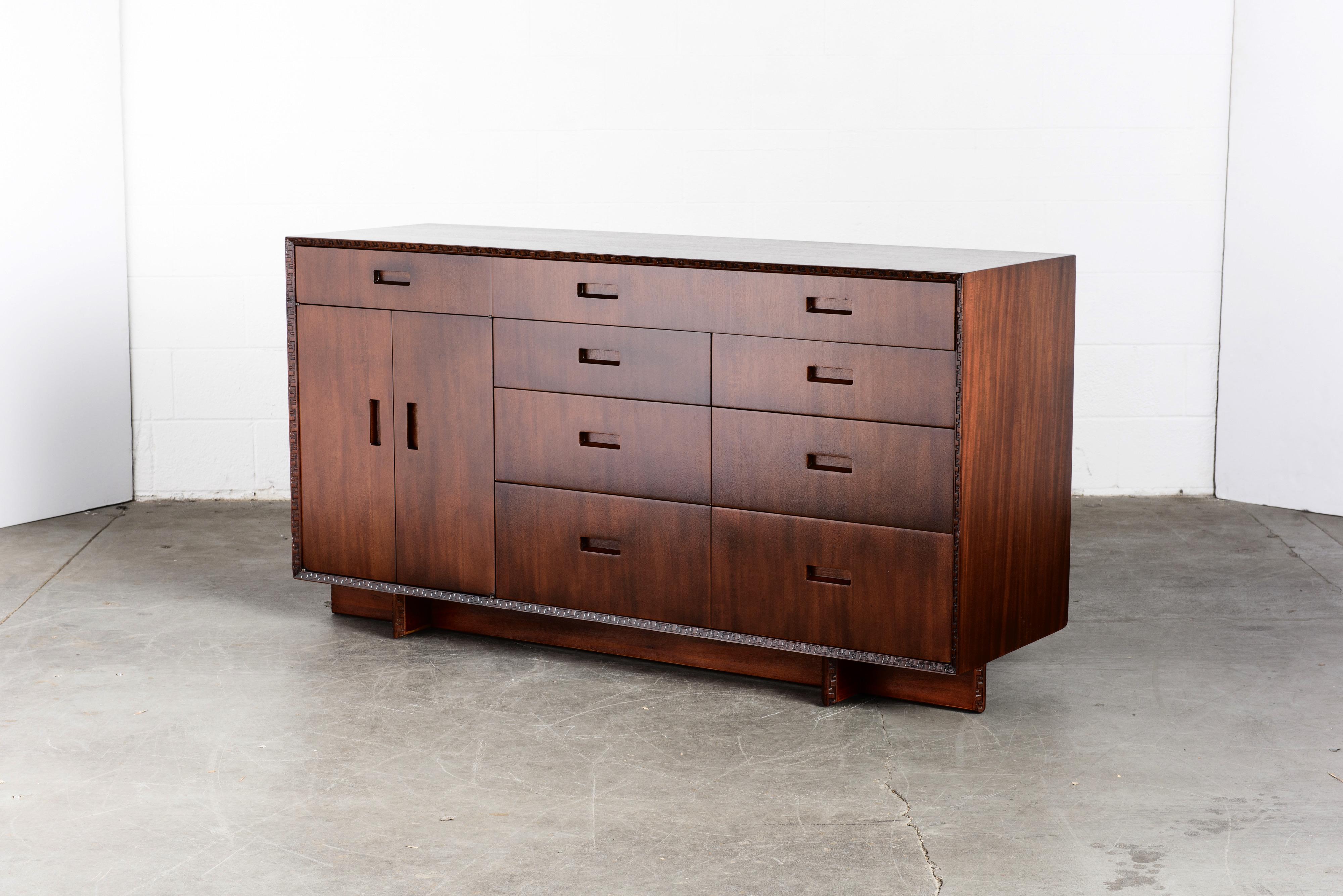 This gorgeously refinished Honduran Mahogany 'Taliesin' sideboard was designed by Frank Lloyd Wright for Heritage-Henredon in 1955 and produced only for two years, therefore is now a highly sought-after and rare collectors item. This example is