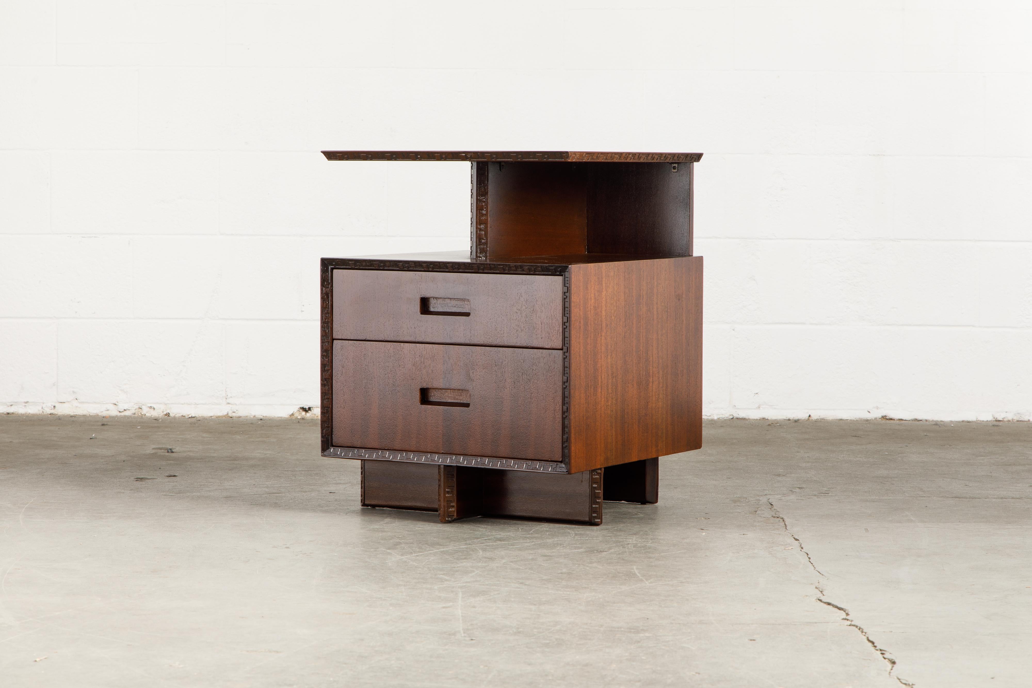 This gorgeously refinished Honduran Mahogany 'Taliesin' platform nightstand (or side table / end table) was designed by Frank Lloyd Wright for Heritage-Henredon in 1955 and produced only for two years, therefore is now a highly sought-after and rare