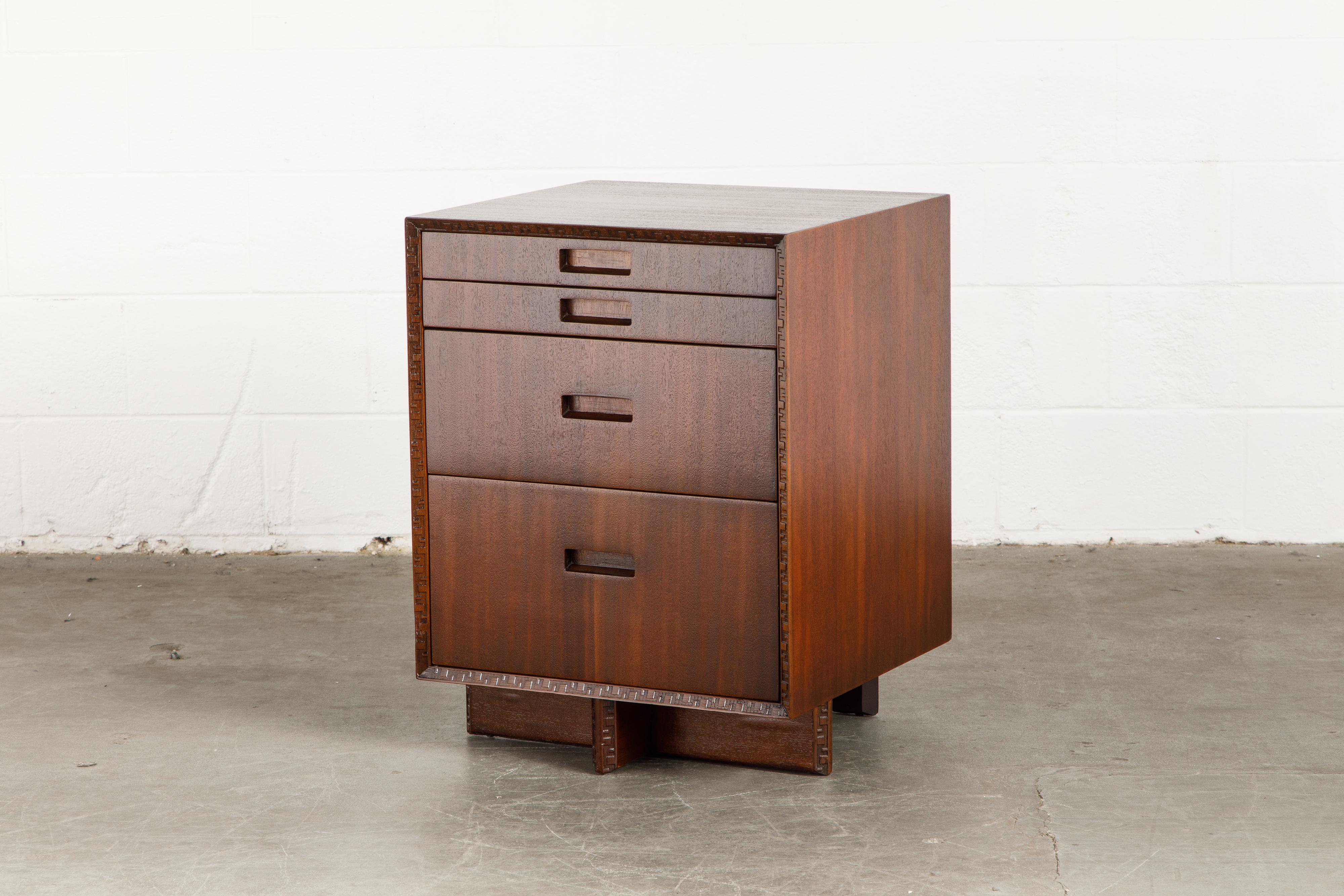 This gorgeously refinished Honduran Mahogany 'Taliesin' chest of drawers was designed by Frank Lloyd Wright for Heritage-Henredon in 1955 and produced only for two years, therefore are now highly sought-after and rare collectors items. This example