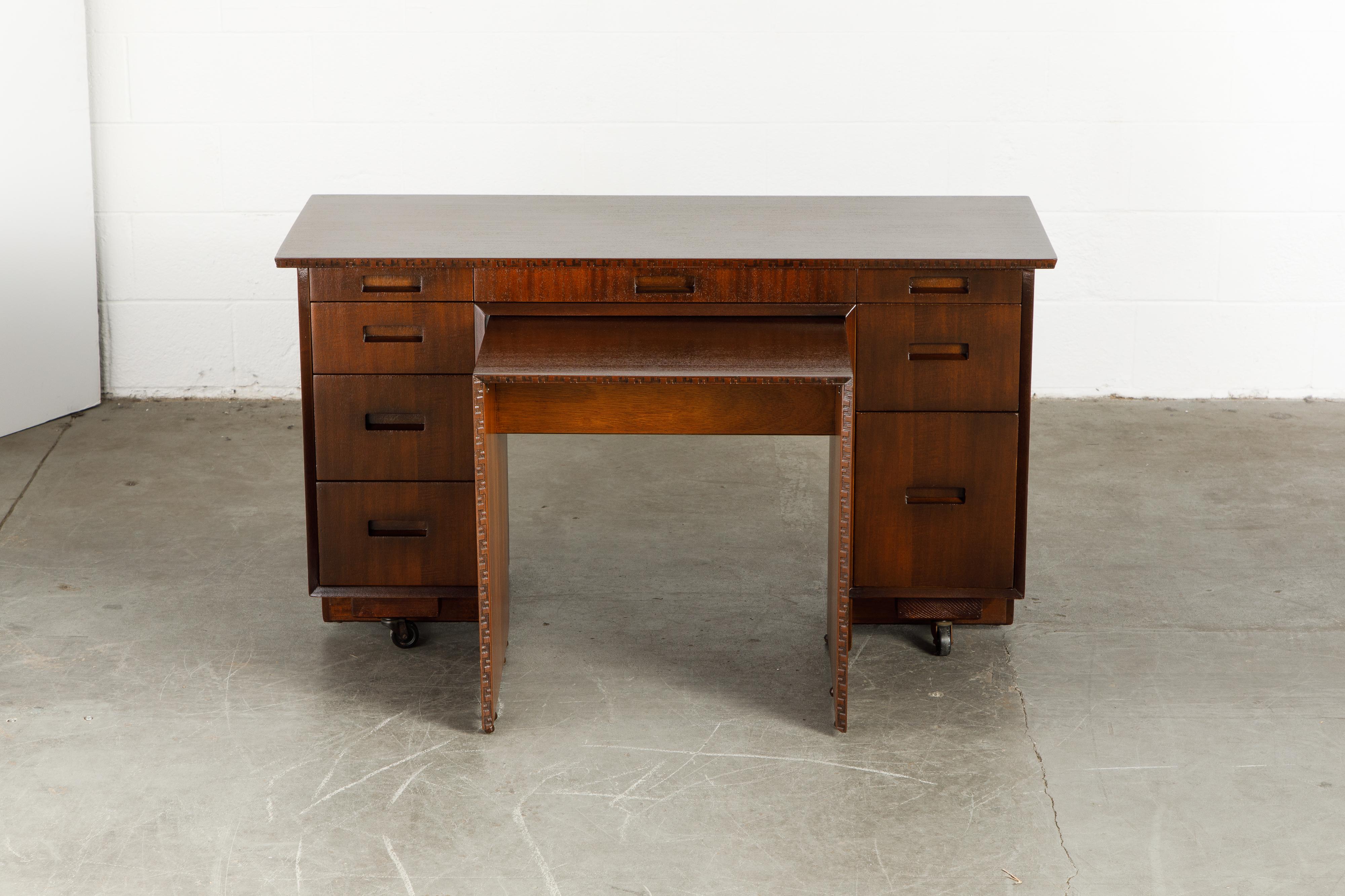 'Taliesin' Mahogany Desk with Pull-Out Table by Frank Lloyd Wright, 1955, Signed 10