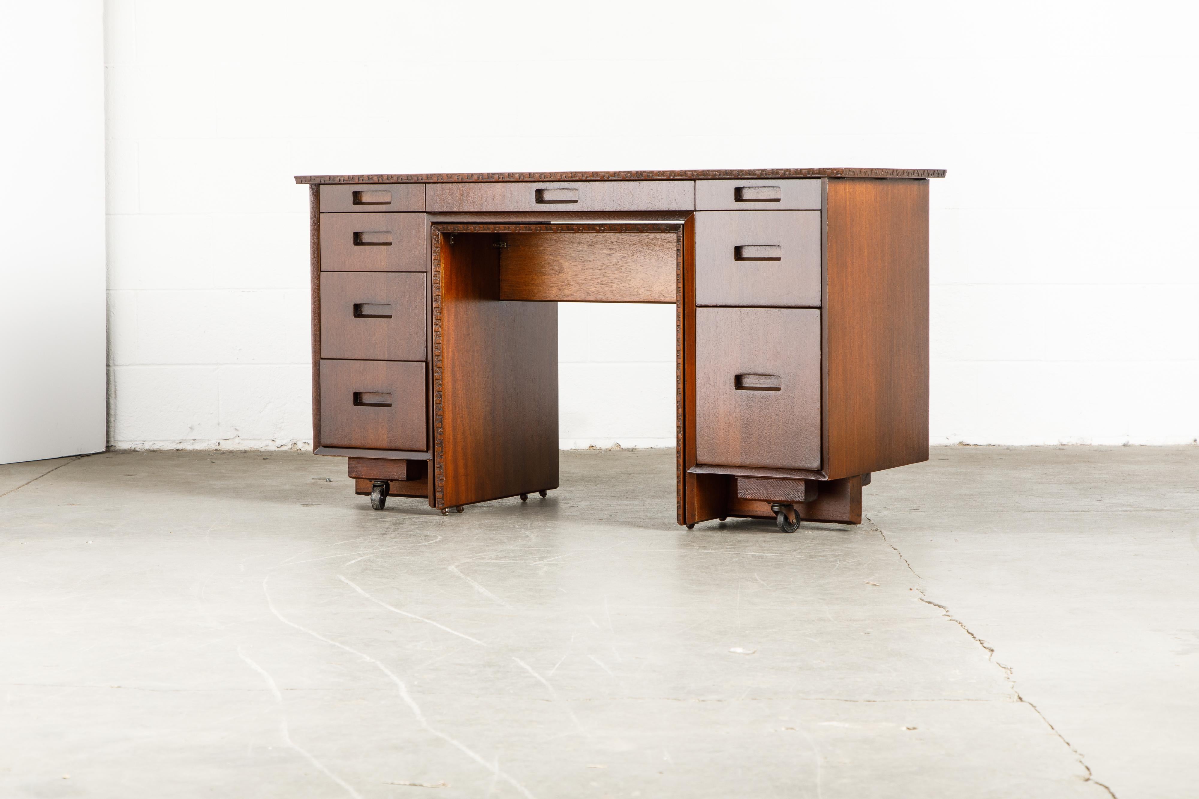 'Taliesin' Mahogany Desk with Pull-Out Table by Frank Lloyd Wright, 1955, Signed 11