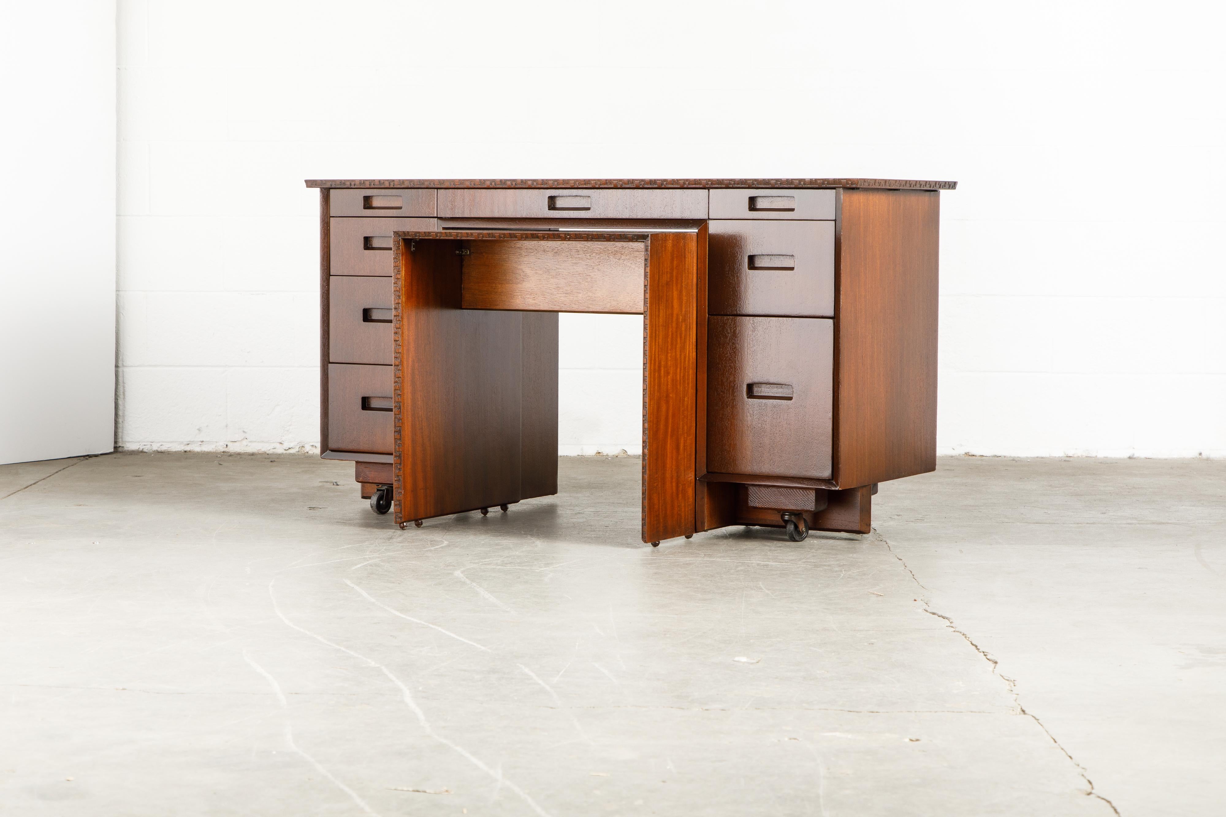 'Taliesin' Mahogany Desk with Pull-Out Table by Frank Lloyd Wright, 1955, Signed 12