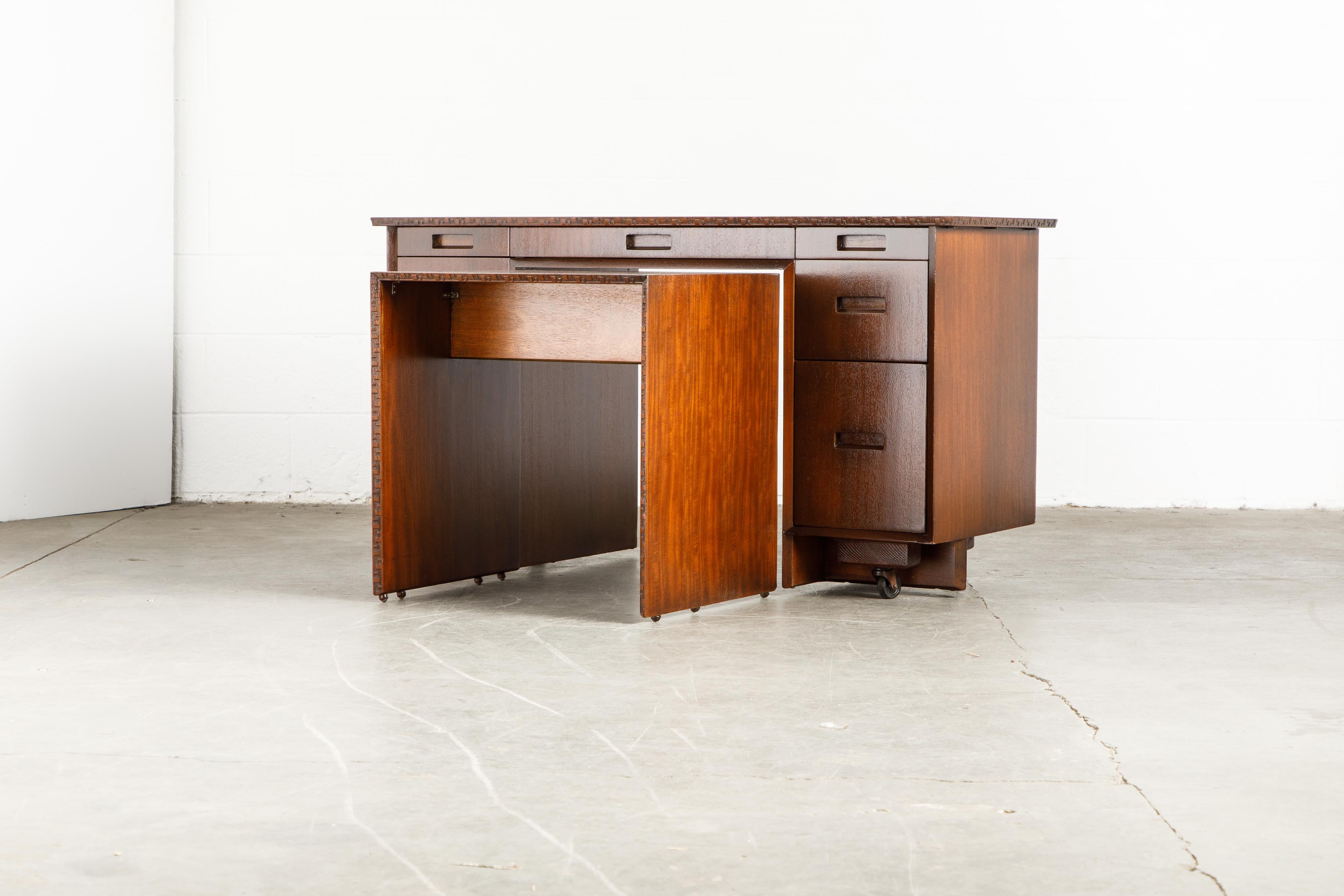 'Taliesin' Mahogany Desk with Pull-Out Table by Frank Lloyd Wright, 1955, Signed 13