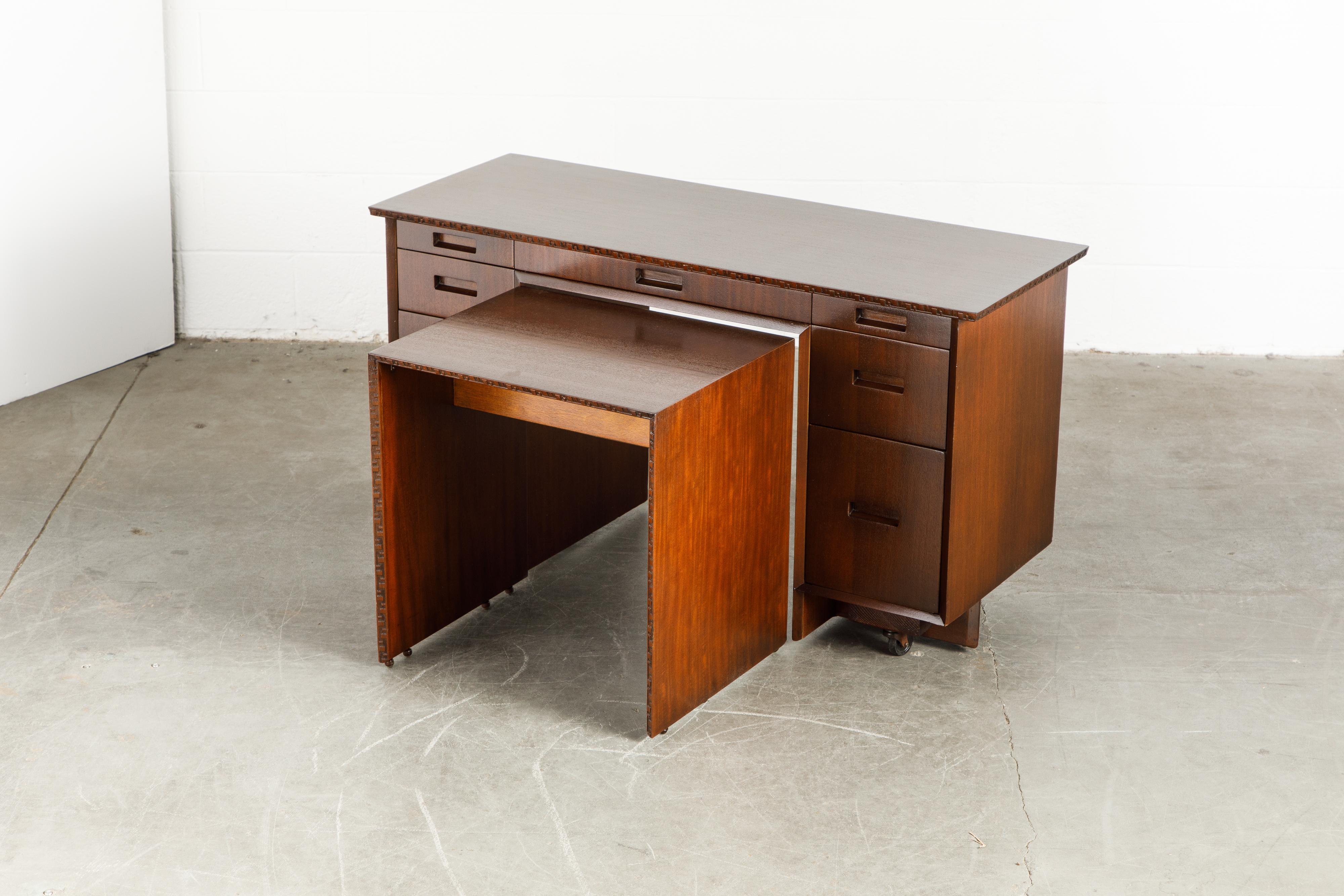 Mid-Century Modern 'Taliesin' Mahogany Desk with Pull-Out Table by Frank Lloyd Wright, 1955, Signed