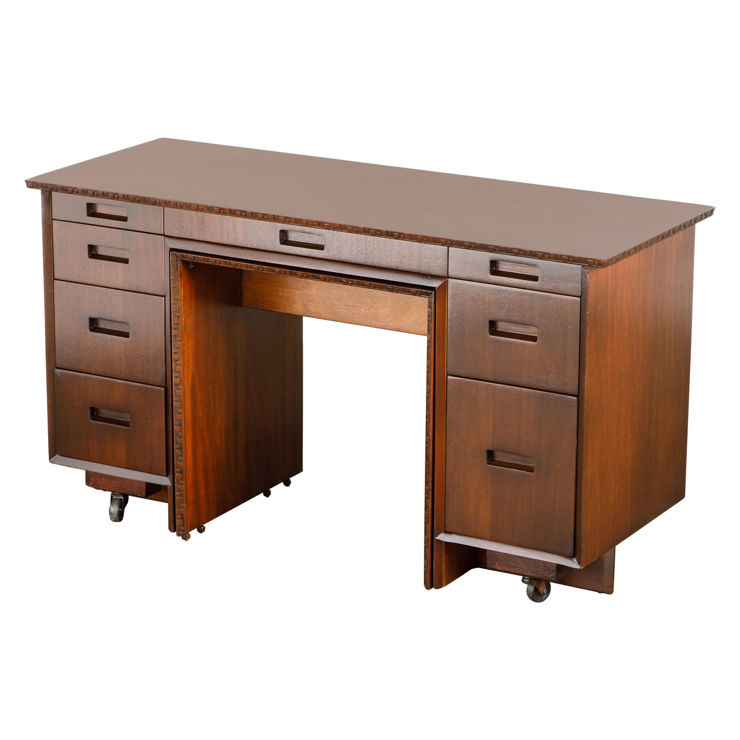 'Taliesin' Mahogany Desk with Pull-Out Table by Frank Lloyd Wright, 1955, Signed