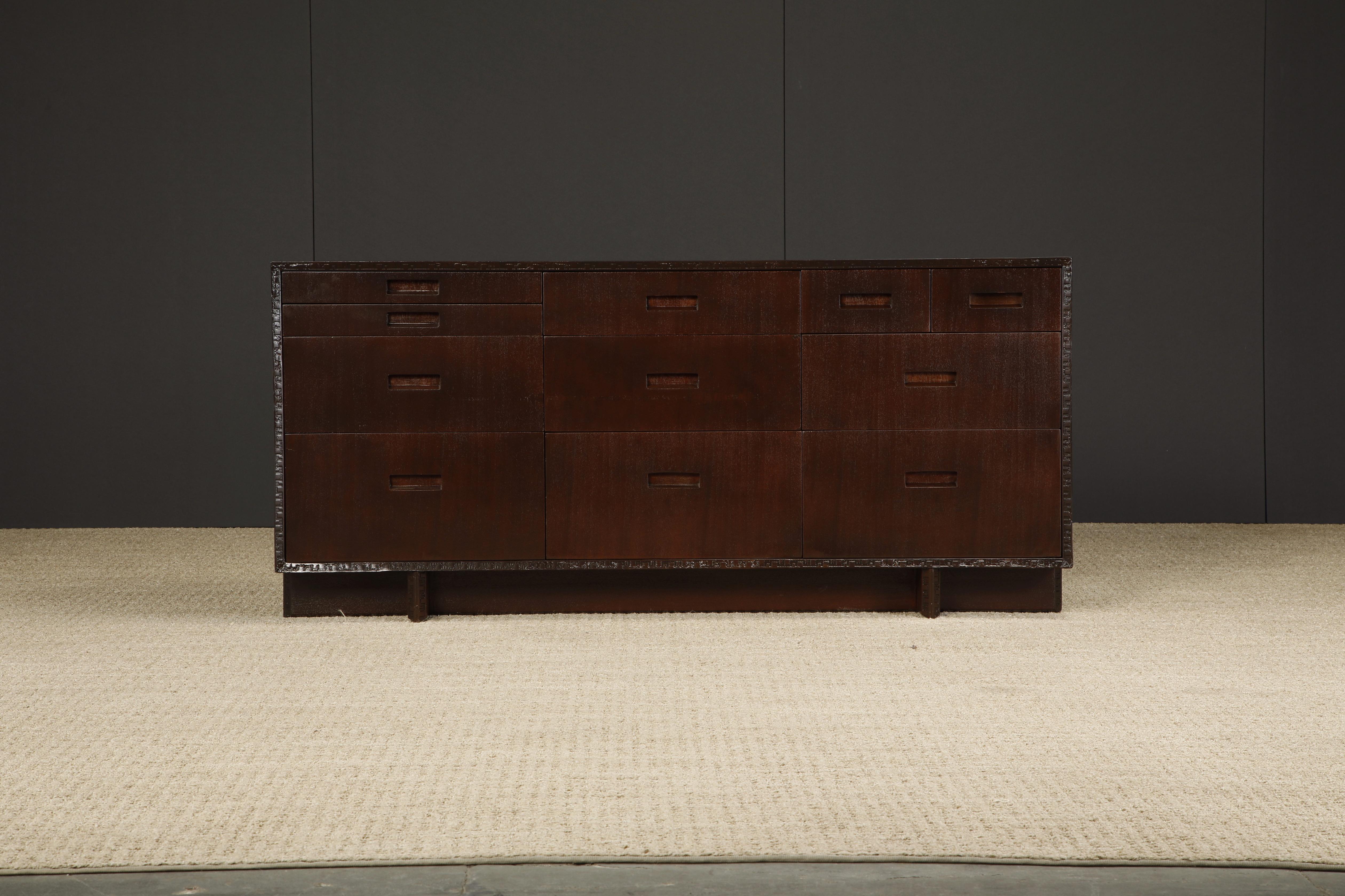 This refinished Honduran Mahogany 'Taliesin' dresser / sideboard was designed by Frank Lloyd Wright for Heritage-Henredon in 1955 and produced only for two years, therefore is now a highly sought-after and rare collectors item. This example is