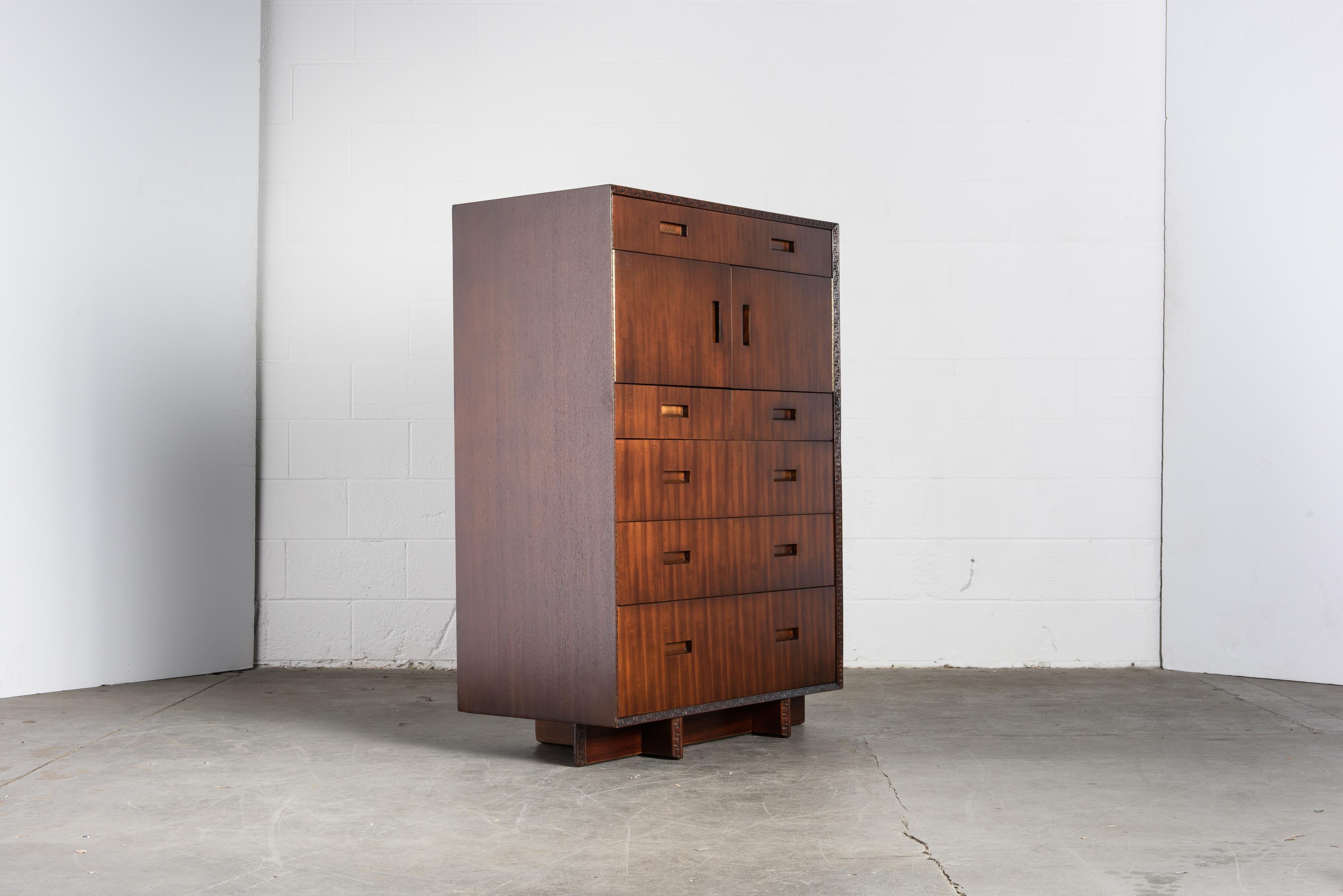 'Taliesin' Mahogany Highboy Dresser by Frank Lloyd Wright, 1955, Signed In Excellent Condition In Los Angeles, CA