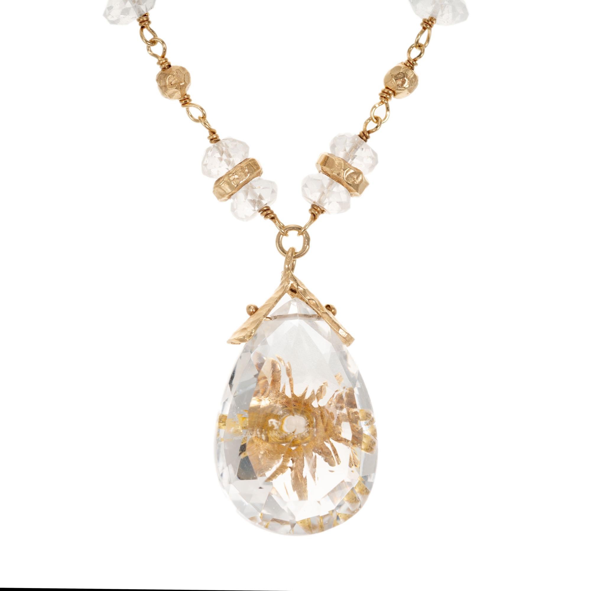 Pear Cut Talisman 12.00 Carat Quartz Gold Bead Pendant Necklace For Sale