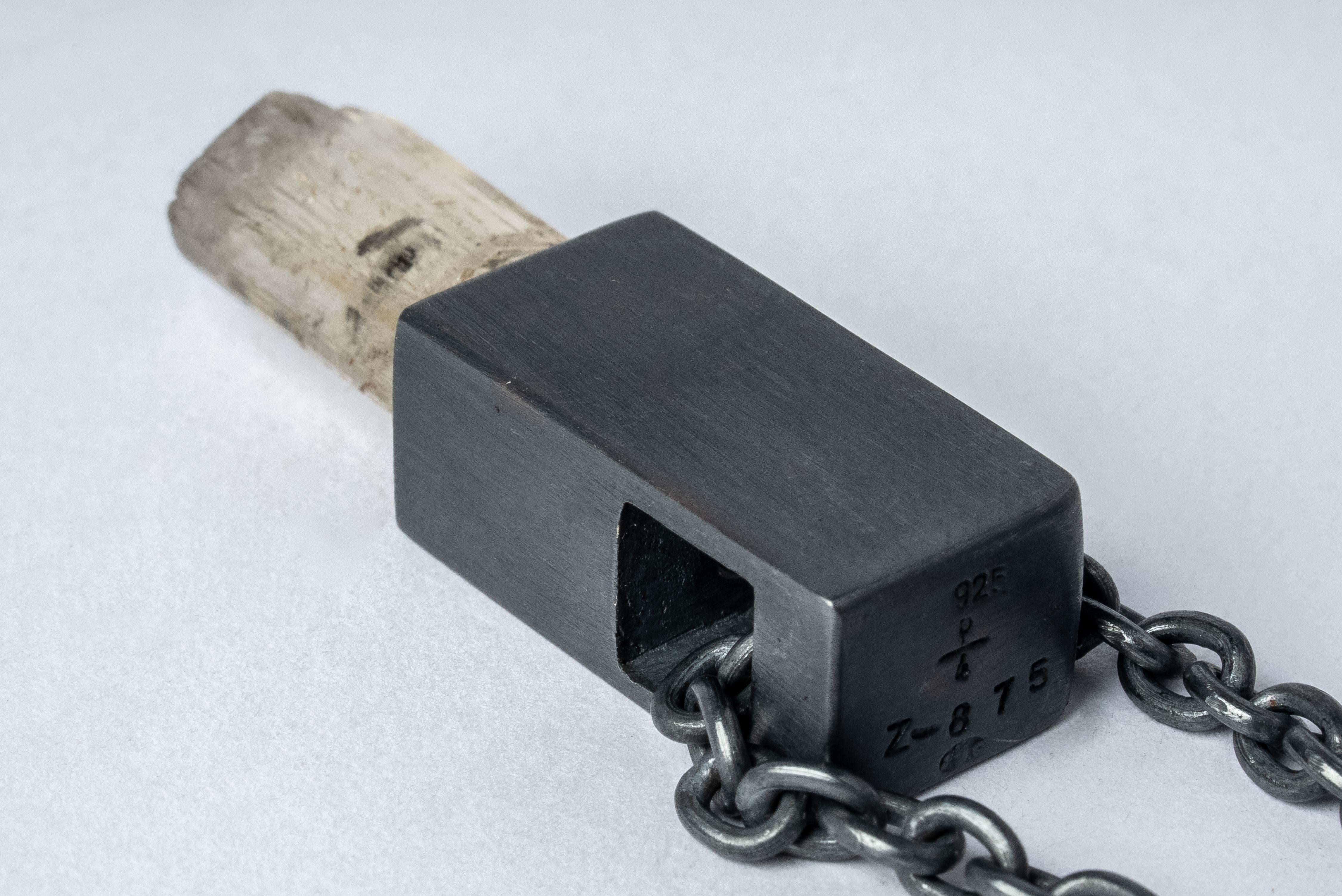 Pendant necklace in the shape of cuboid made in oxidized sterling silver and a rough of Scapolite. This finish may fade over time, which can be considered an enhancement. Please Note: The finish can be re-blackened easily with Liver of Sulfur,