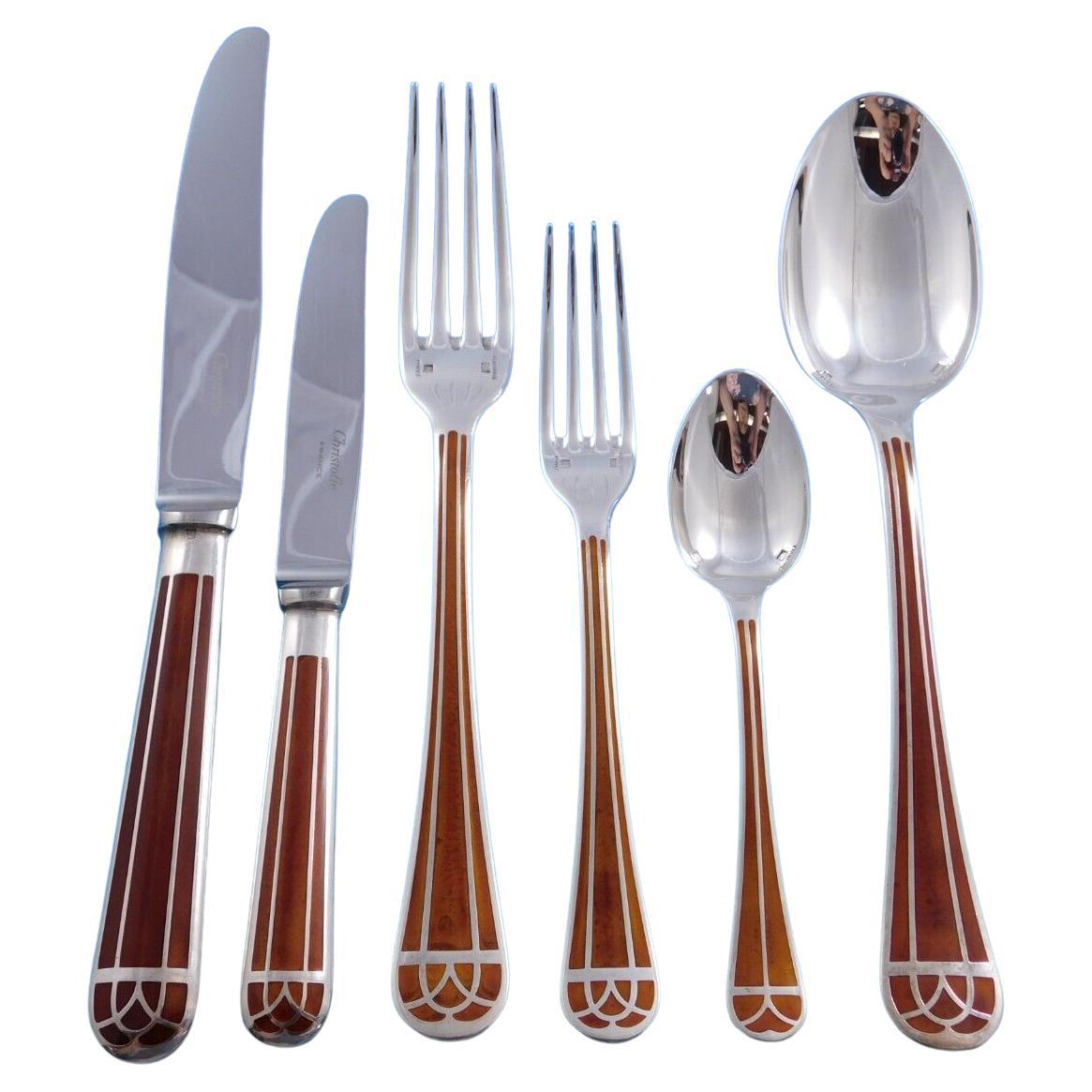 Talisman Sienna Brown by Christofle Silverplate Flatware Service Set Dinner 50pc For Sale