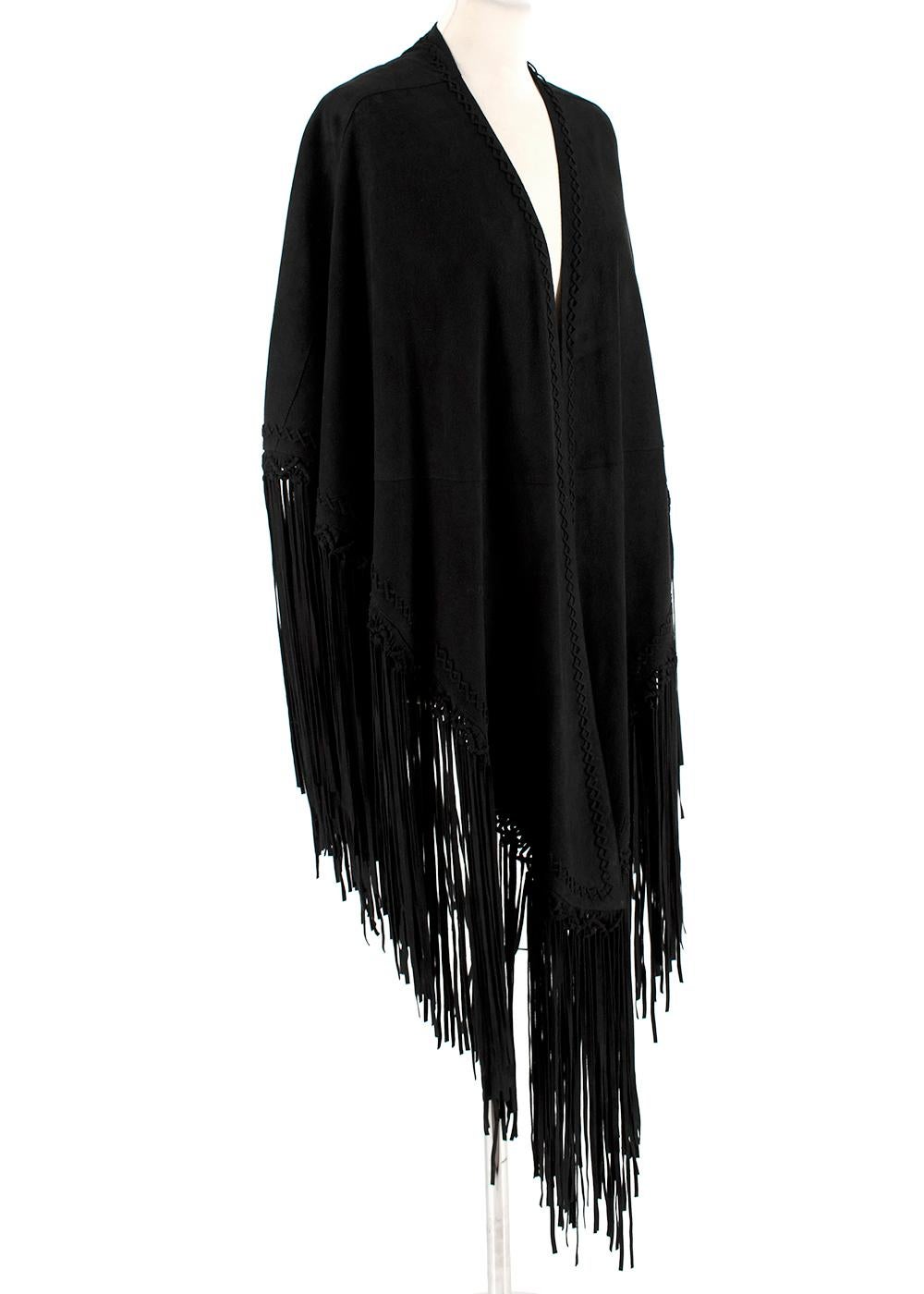 Talitha Black Suede Fringed Shawl 

- Black suede leather shawl 
- Fringed trimming throughout 
- Slip on style 
- Mid-weight, non-stretchy fabric
- Oversized style, cut to be worn loose

Materials: 
100% Suede (Goat) 

Dry Clean Only 

Length -