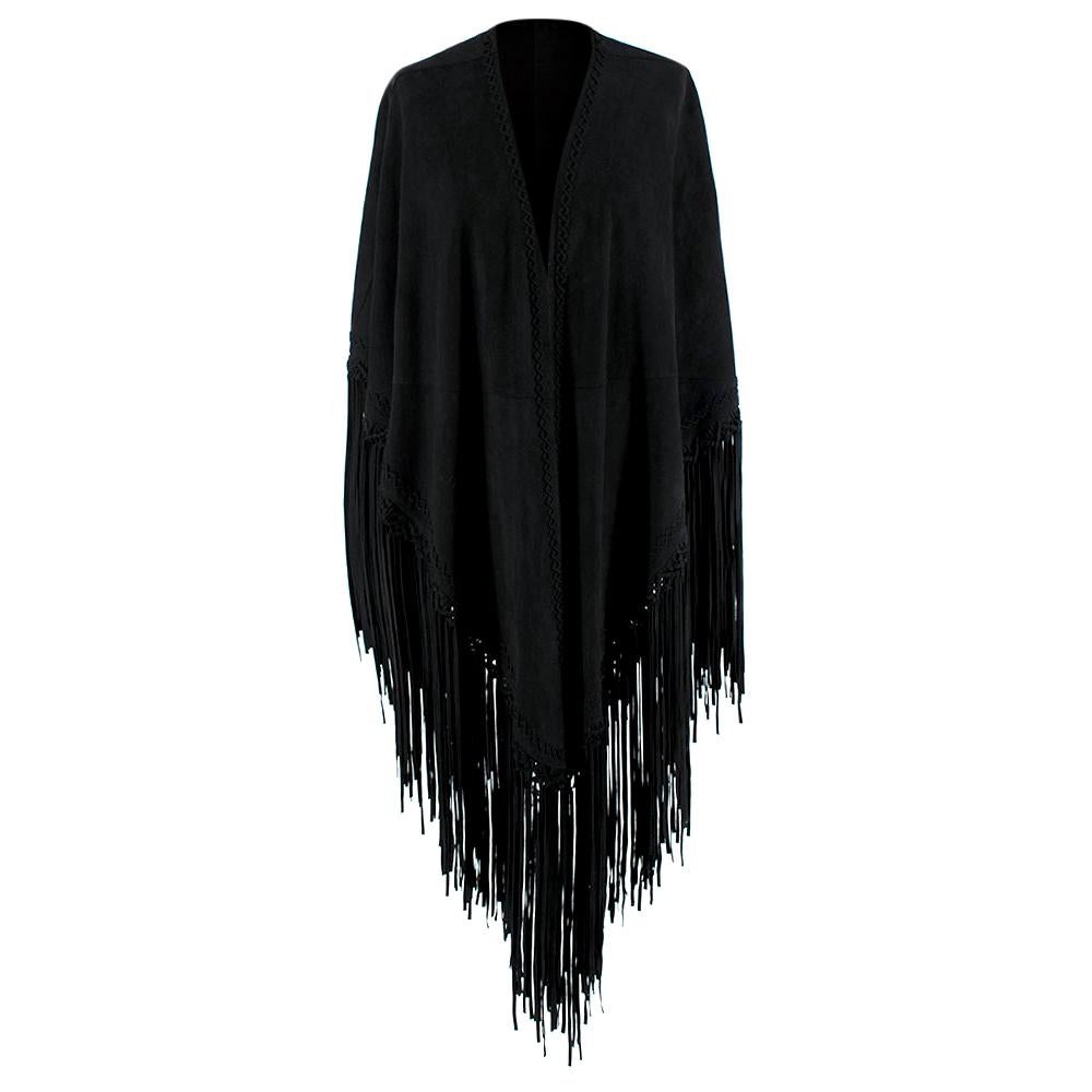 Talitha Black Suede Fringed Shawl 

- Black suede leather shawl 
- Fringed trimming throughout 
- Slip on style 
- Mid-weight, non-stretchy fabric
- Oversized style, cut to be worn loose

Materials: 
100% Suede (Goat) 

Dry Clean Only 
Measurements