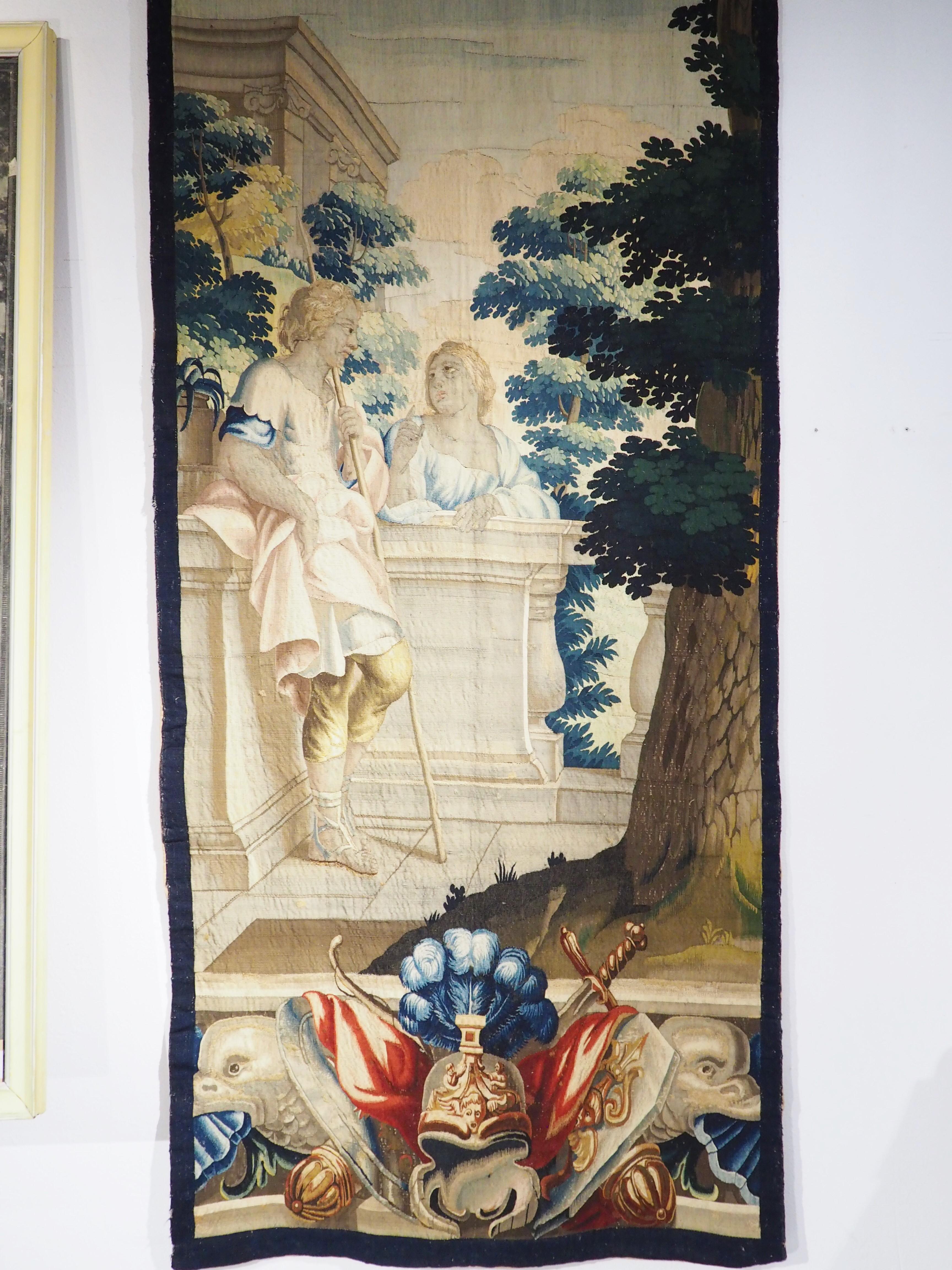 Tall 17th C. Wool and Silk Tapestry with Colorful Cartouche and Trophy Decor For Sale 6