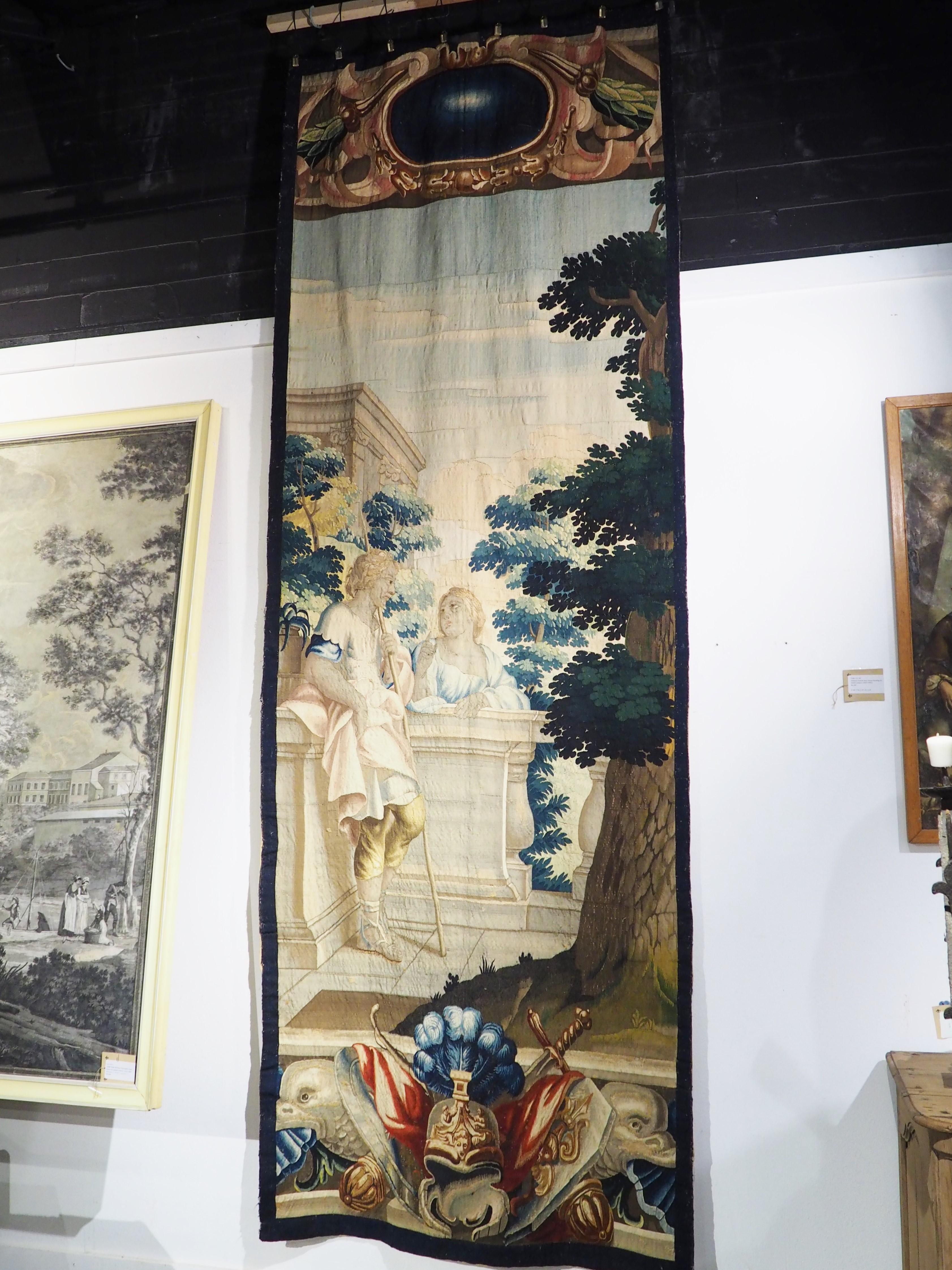 Tall 17th C. Wool and Silk Tapestry with Colorful Cartouche and Trophy Decor For Sale 7