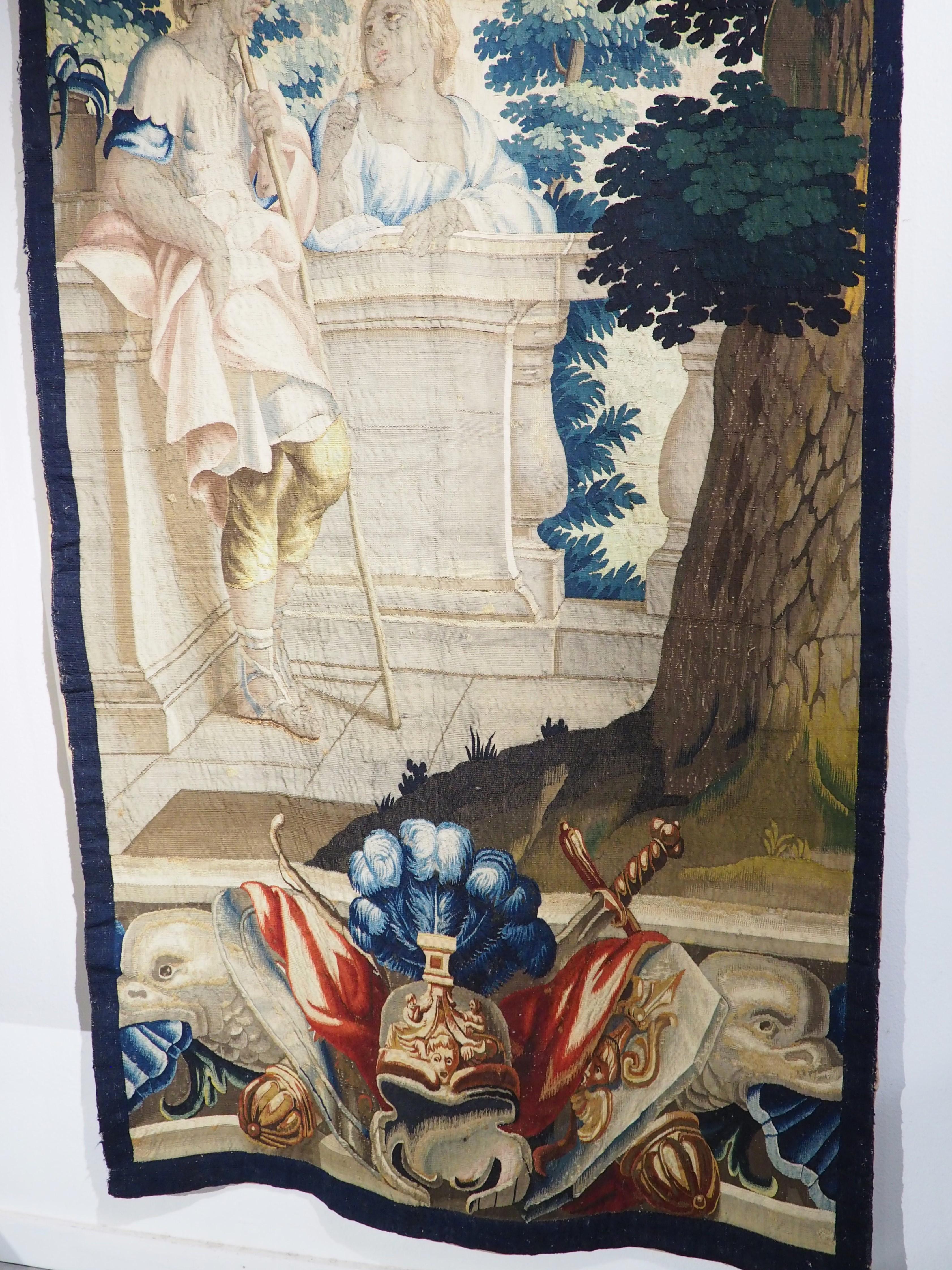 Tall 17th C. Wool and Silk Tapestry with Colorful Cartouche and Trophy Decor For Sale 8