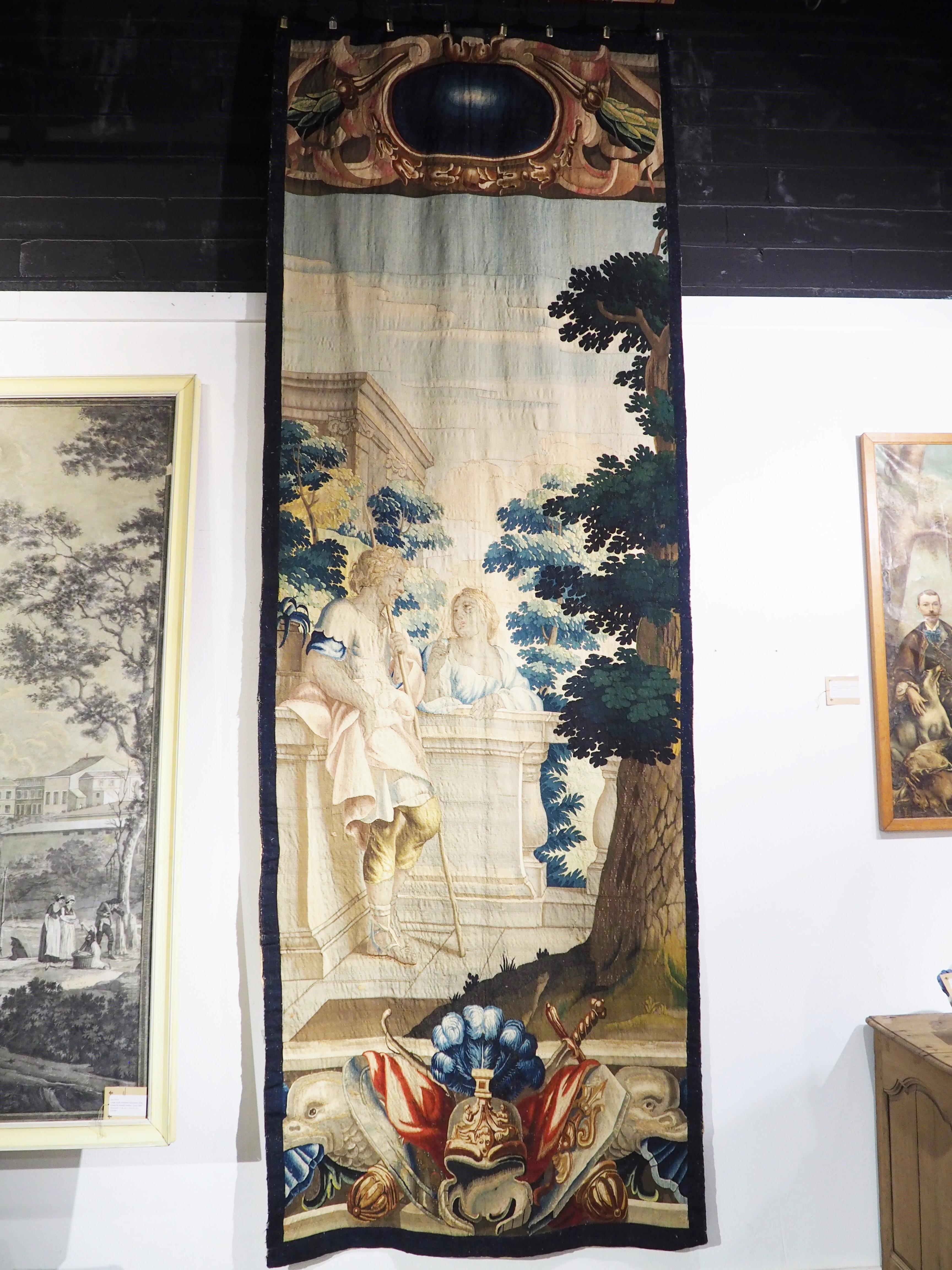 Tall 17th C. Wool and Silk Tapestry with Colorful Cartouche and Trophy Decor For Sale 14