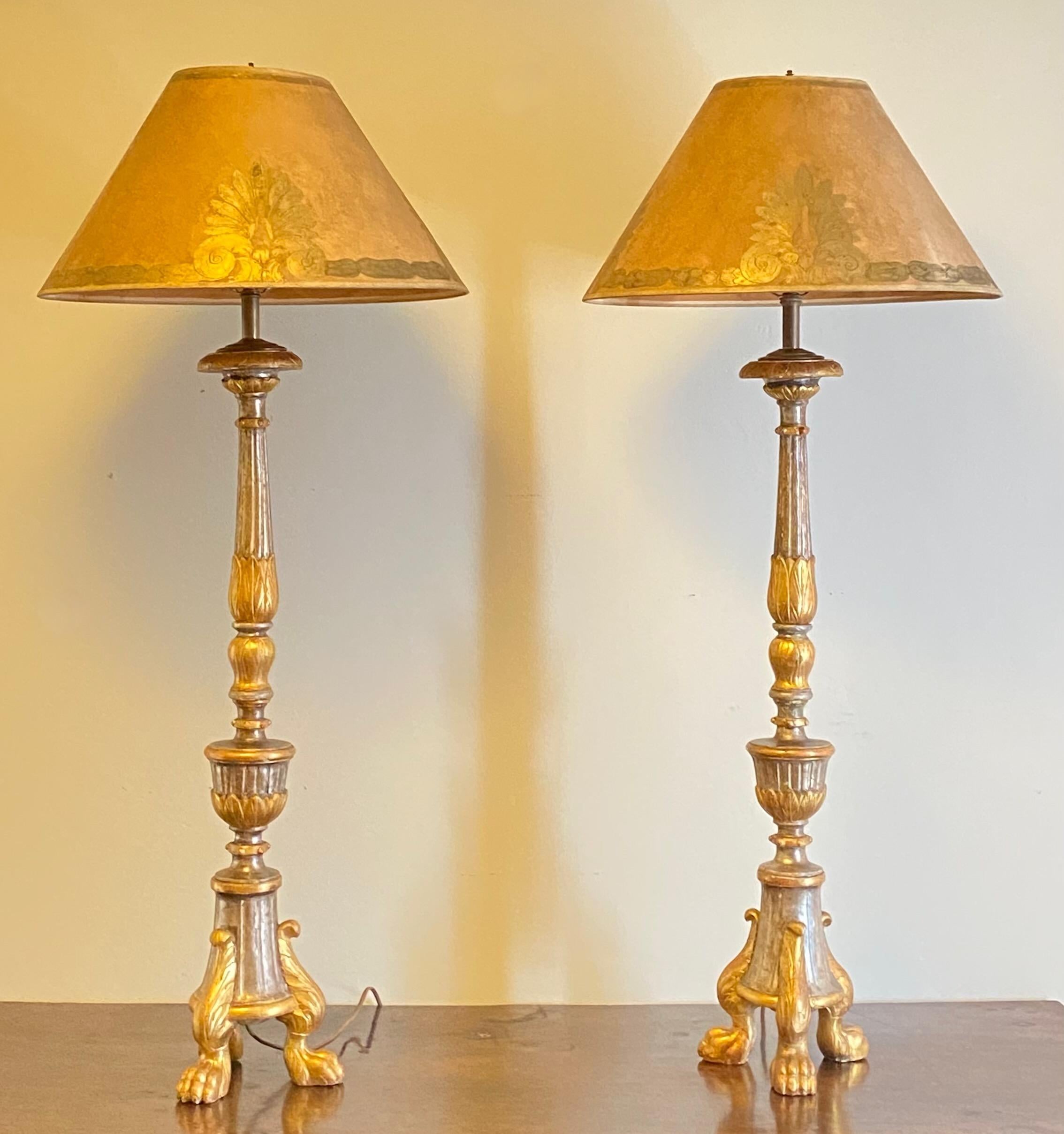 Tall 18th Century Continental Silvered and Gilt Candle Stand Lamps 4