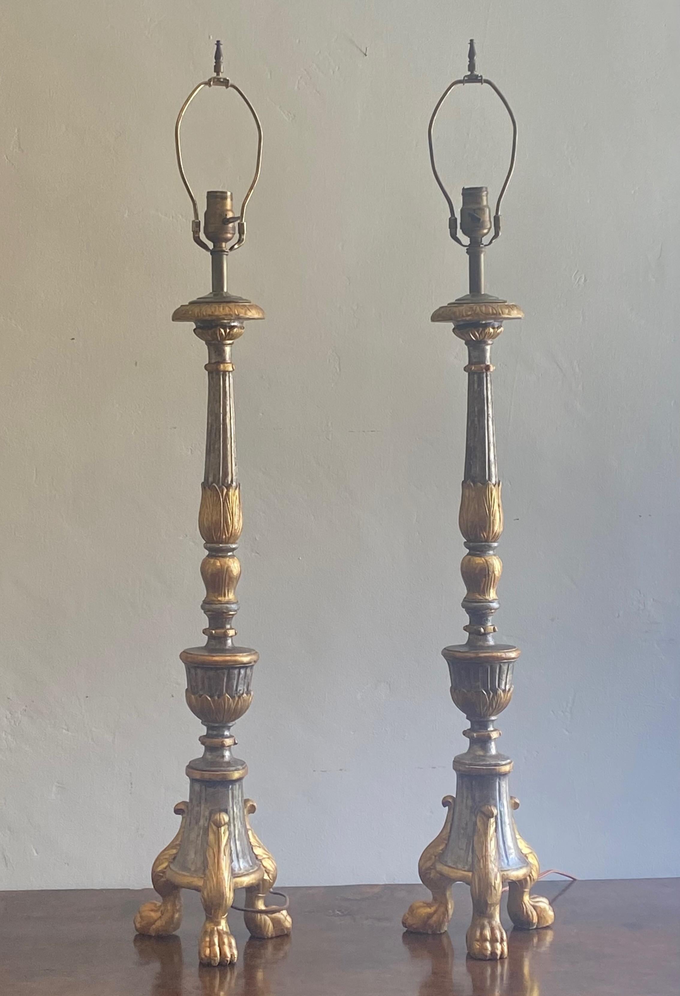 European Tall 18th Century Continental Silvered and Gilt Candle Stand Lamps
