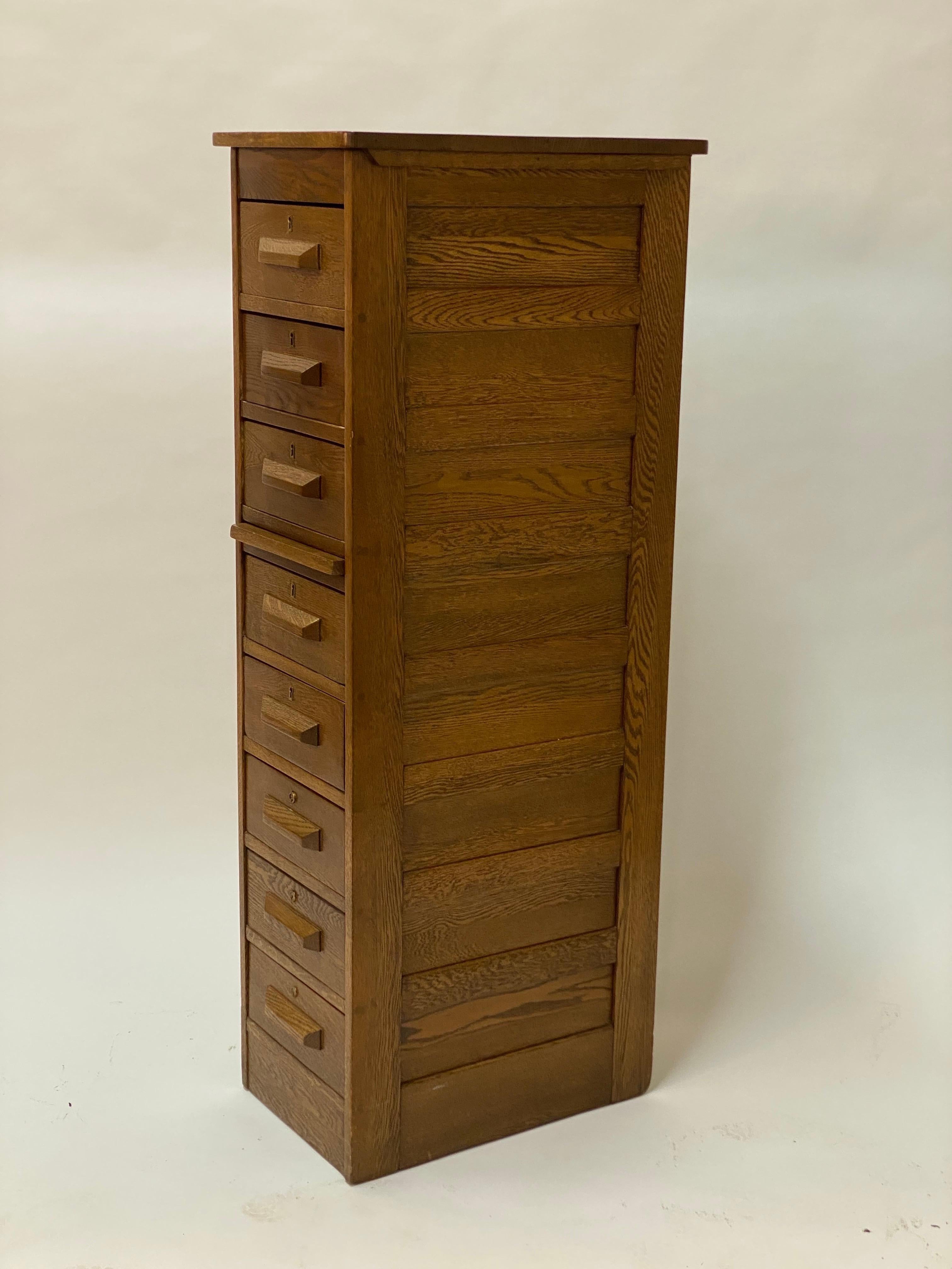 Tall 1920s Industrial Oak Eight Drawer Cabinet For Sale 1