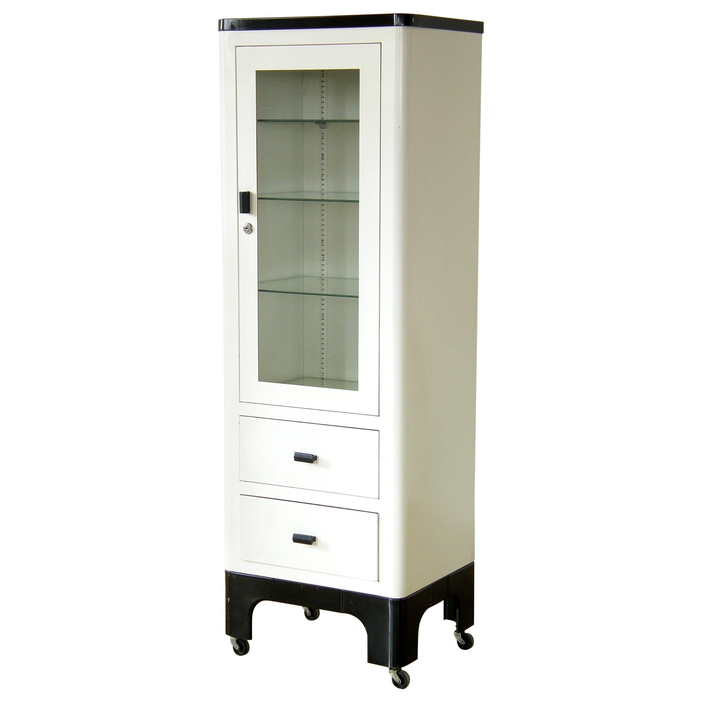 Tall 1930s Medical Storage Cabinet White and Black Enameled Steel Glass Door