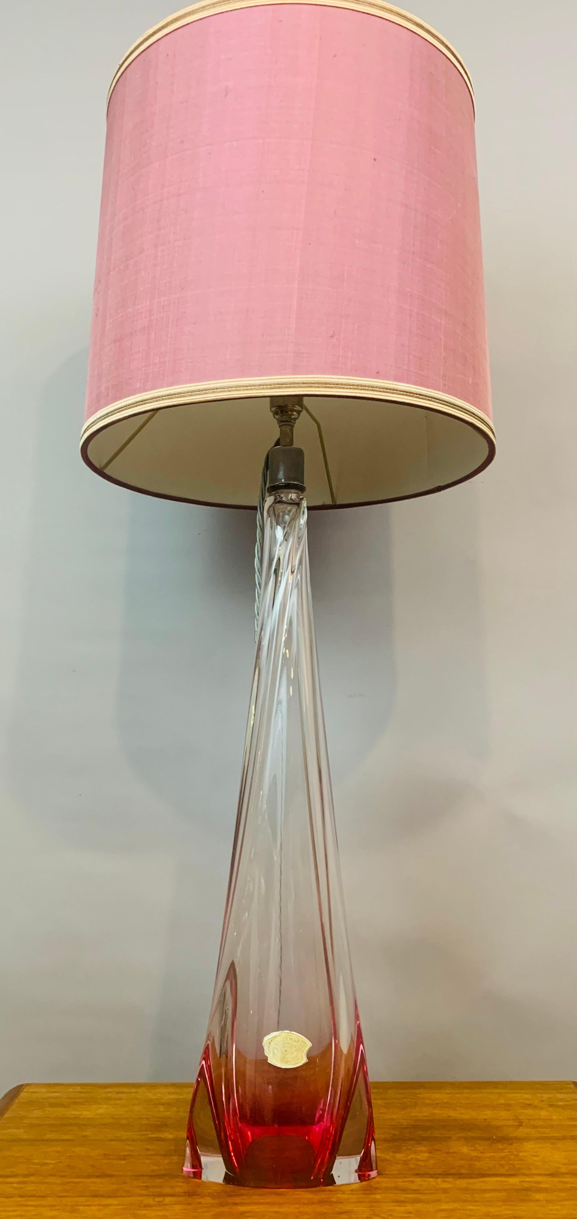 Tall 1950s Belgium Val Saint Lambert Pink & Clear Crystal Glass Table Lamp 4